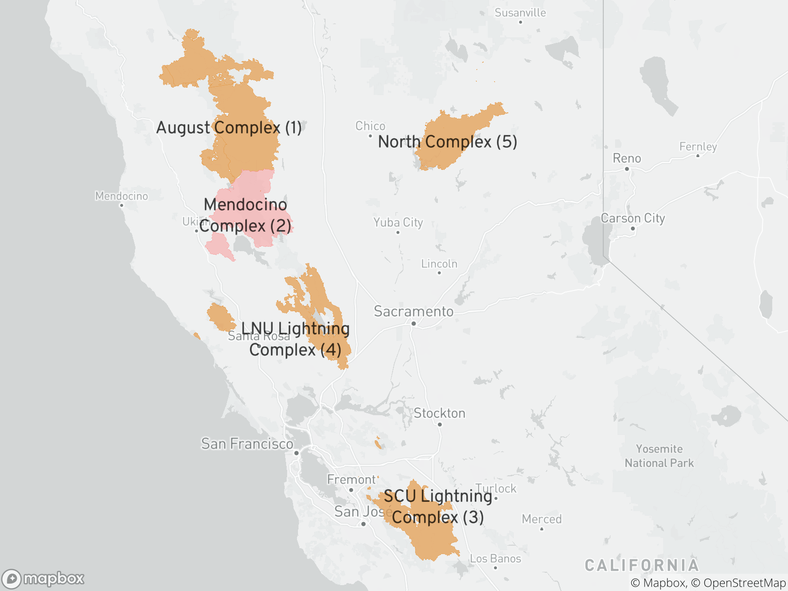 Four of the five largest fires in California history have occurred this year. One, the Mendocino Complex, was in 2018. November 2020