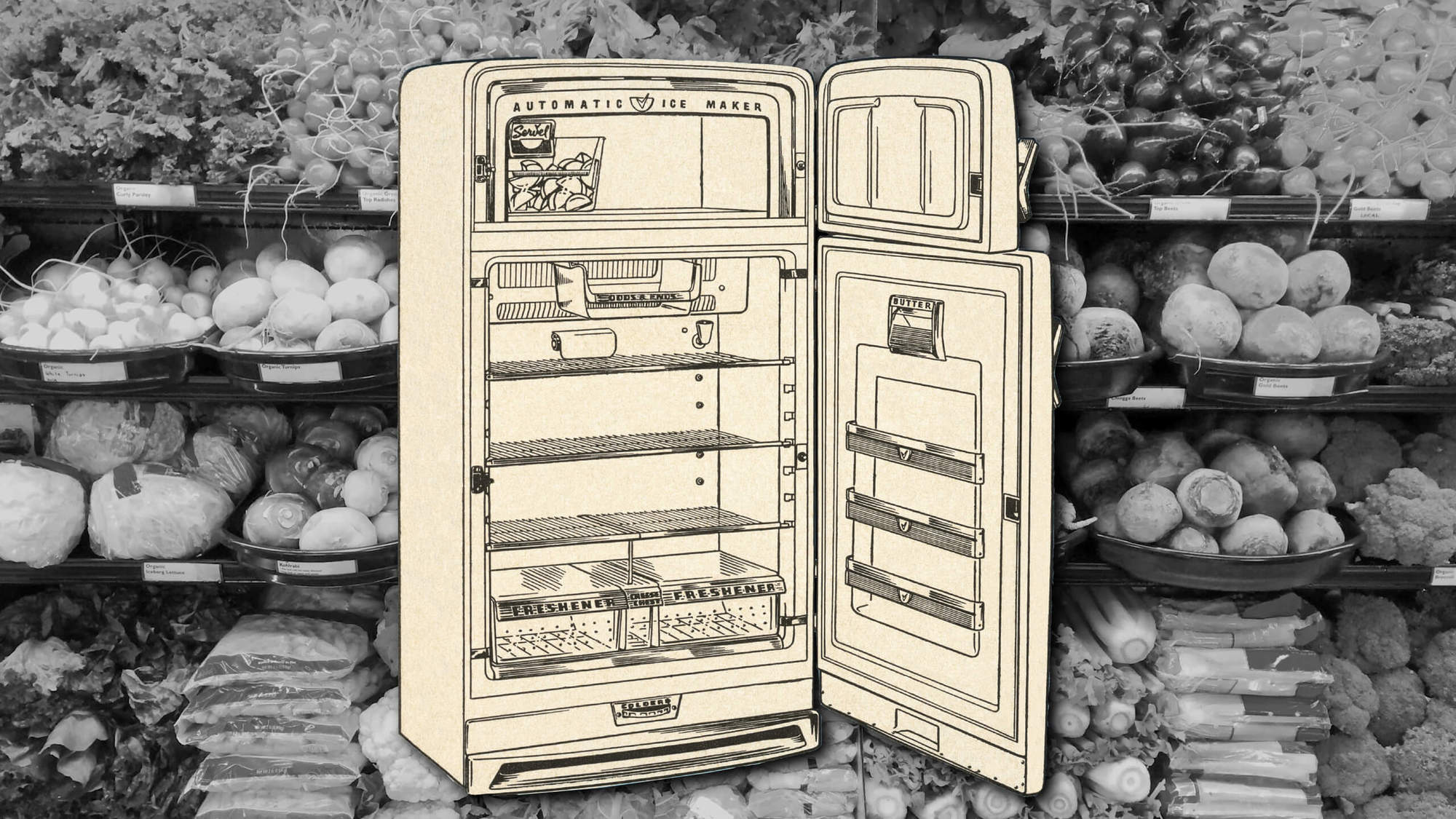 Illustration of an empty fridge in front of a black and white photo of a stocked produce aisle. December 2020