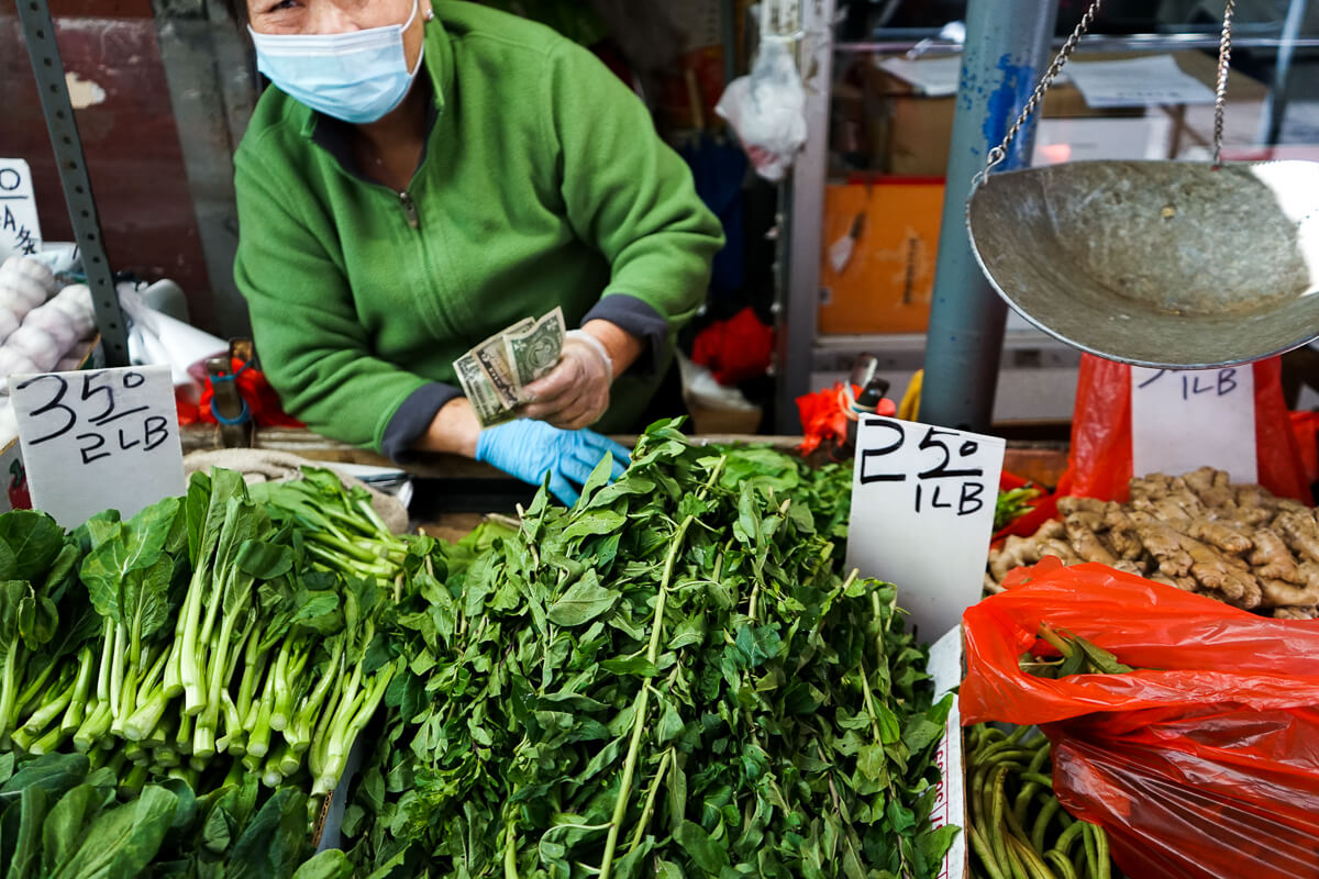 Vegetable and fruit stalls in Manhattan’s Chinatown. December 2020