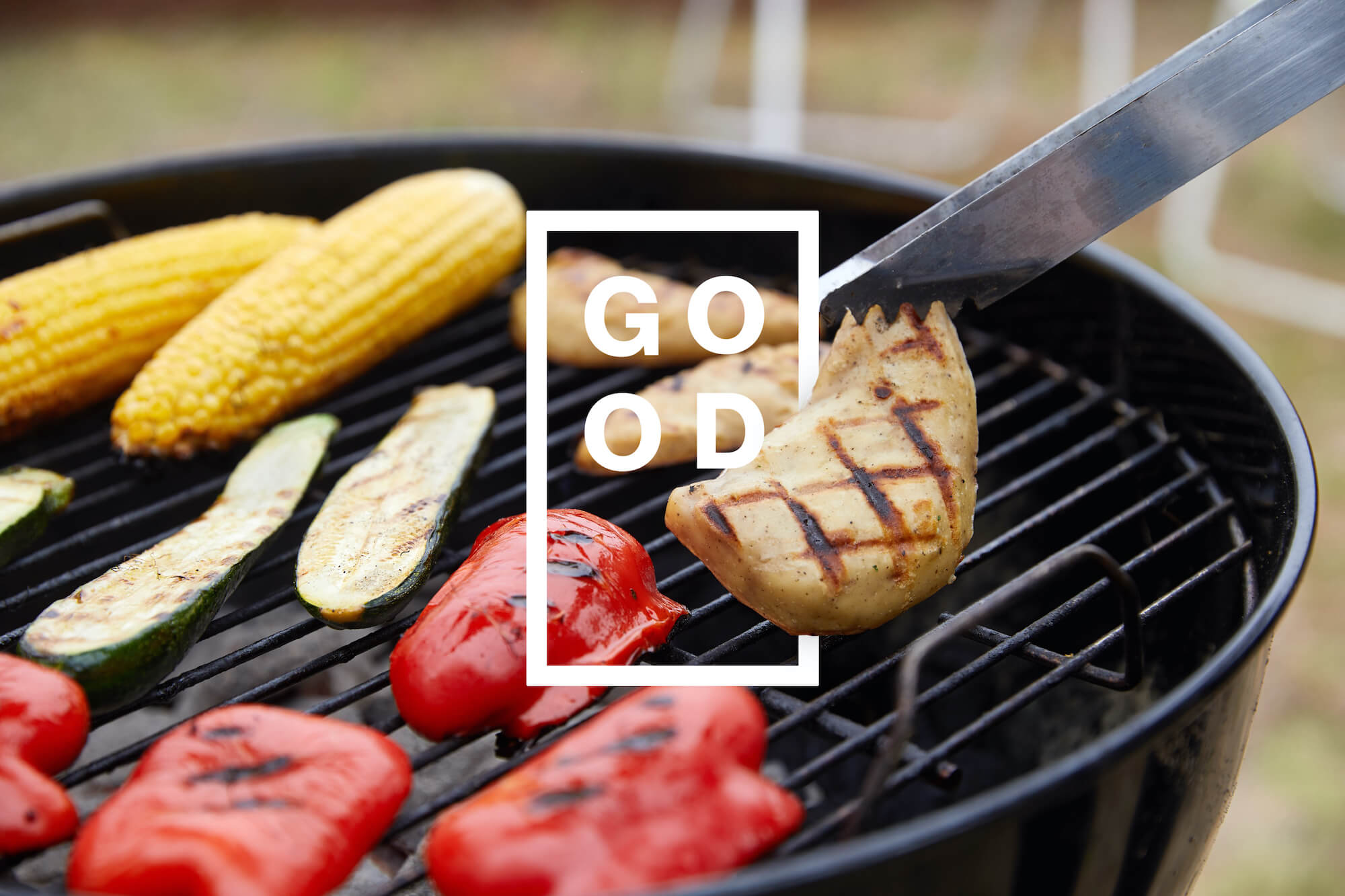 Grilling cell-cultured chicken with other vegetables and the GOOD meat logo. December 2020