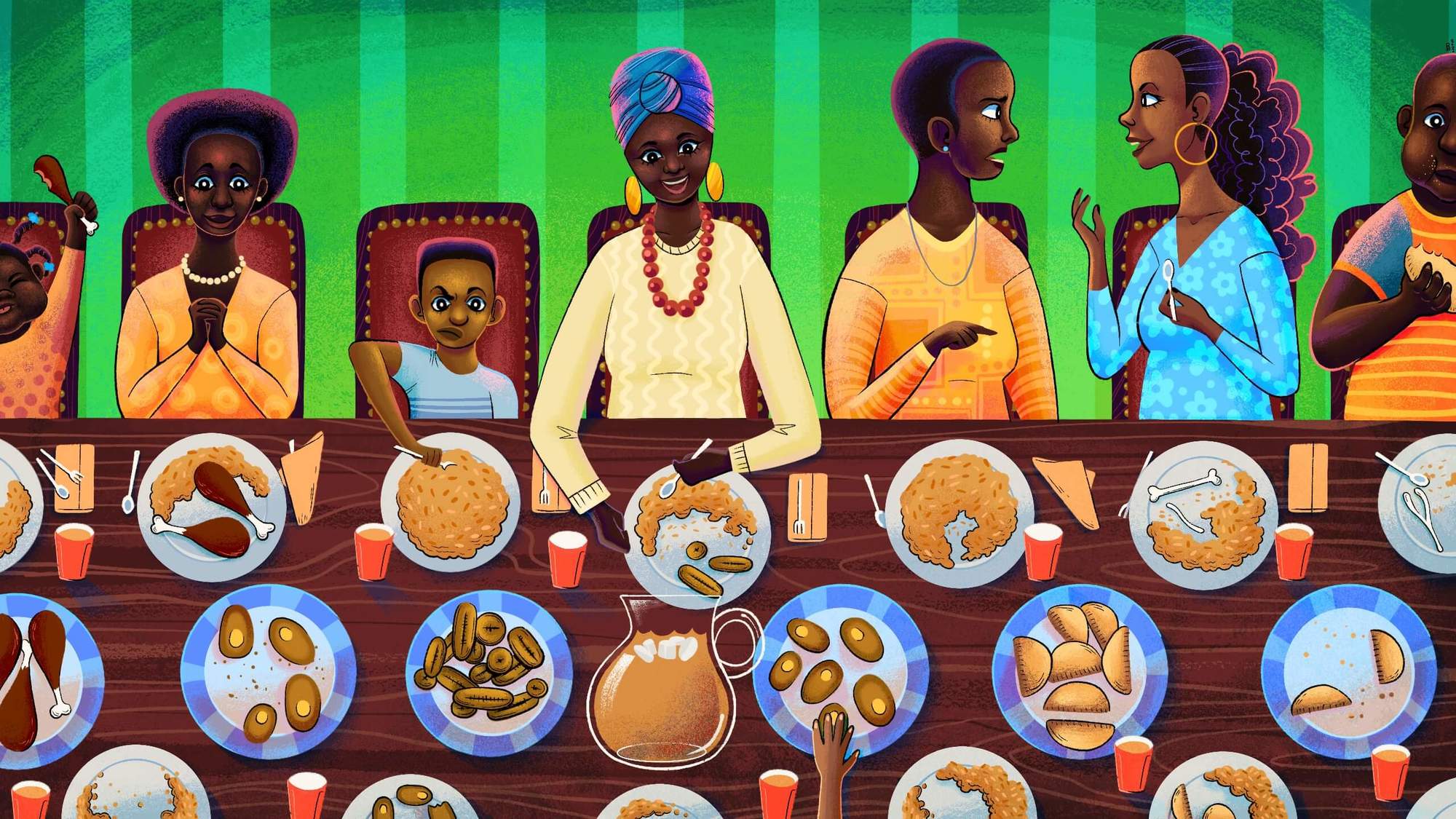 An illustration of West Africans gathered around the table eating jollof rice and other dishes. December 2020