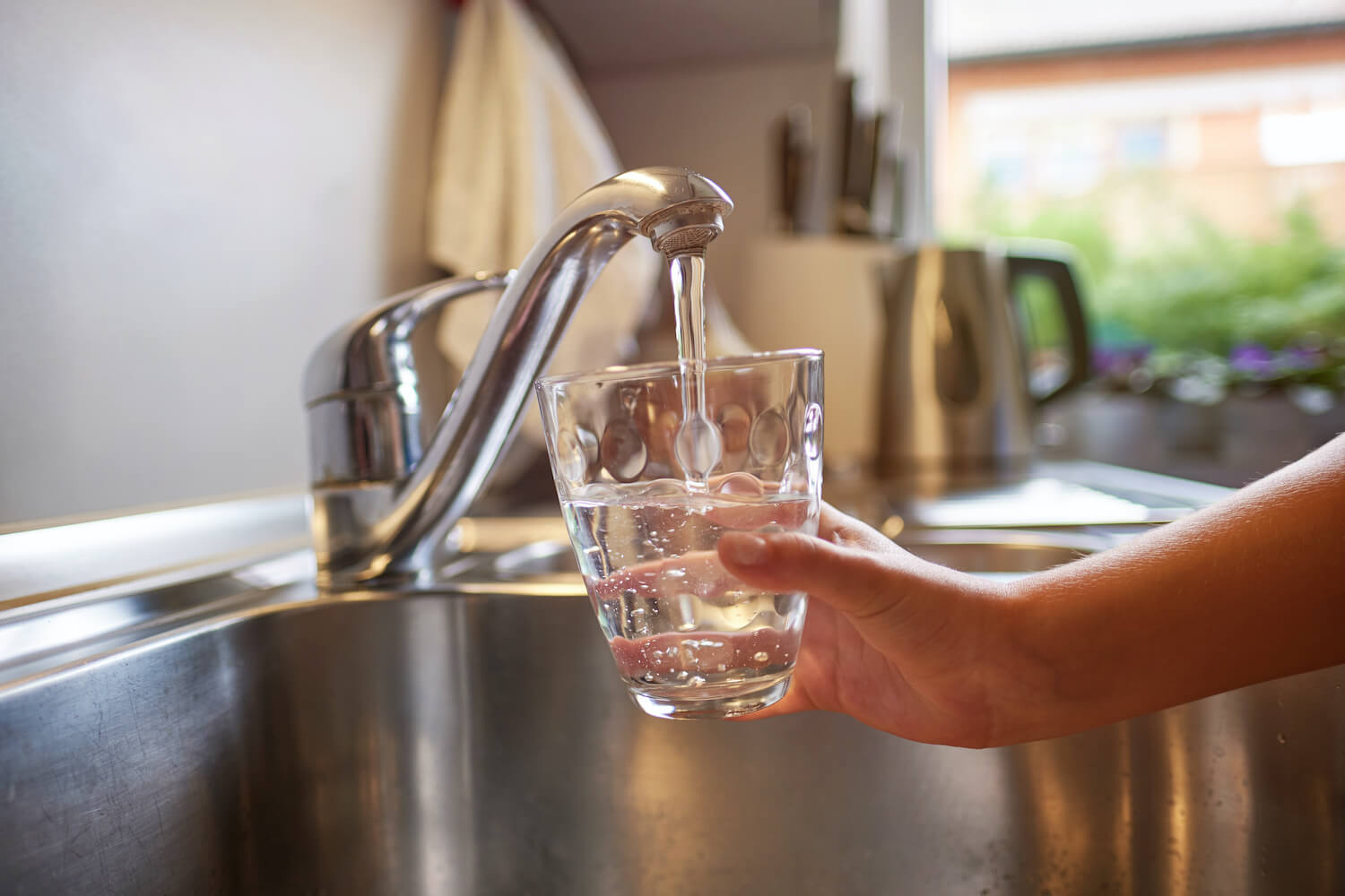 A hand holds a glass under a water faucet to collect water. February 2021