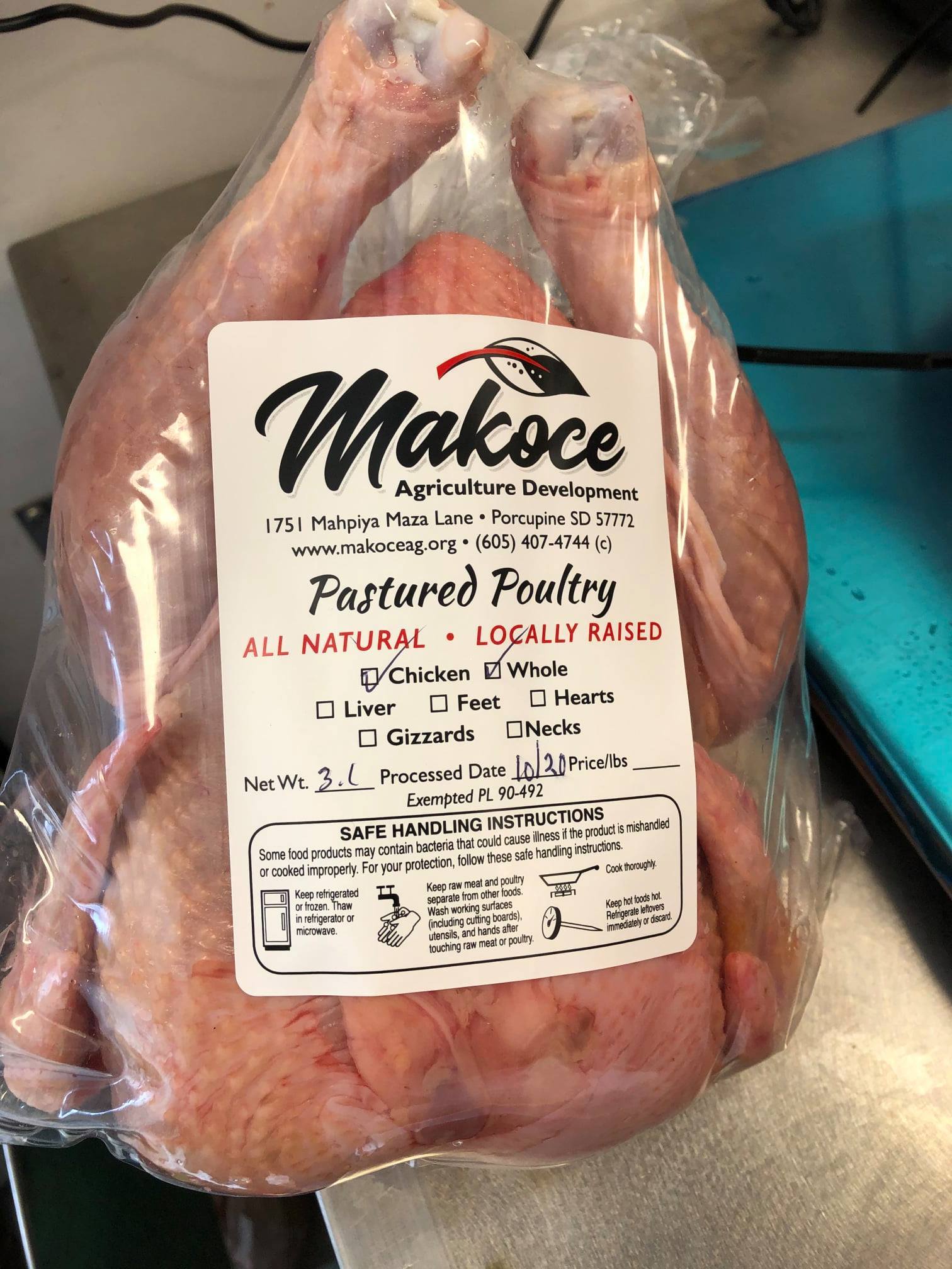 A whole locally raised chicken produced by Makoce Agriculture Development. March 2021