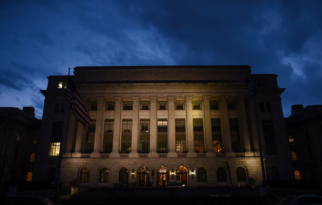 The United States Department of Agriculture building in Washington, D.C., as seen at night in 2015.