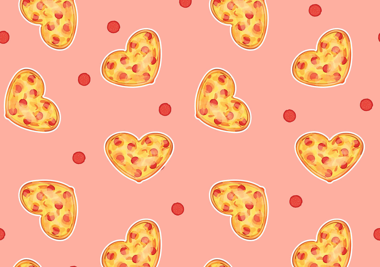 Illustrations of heart-shaped pizza on a pink background. February 2021