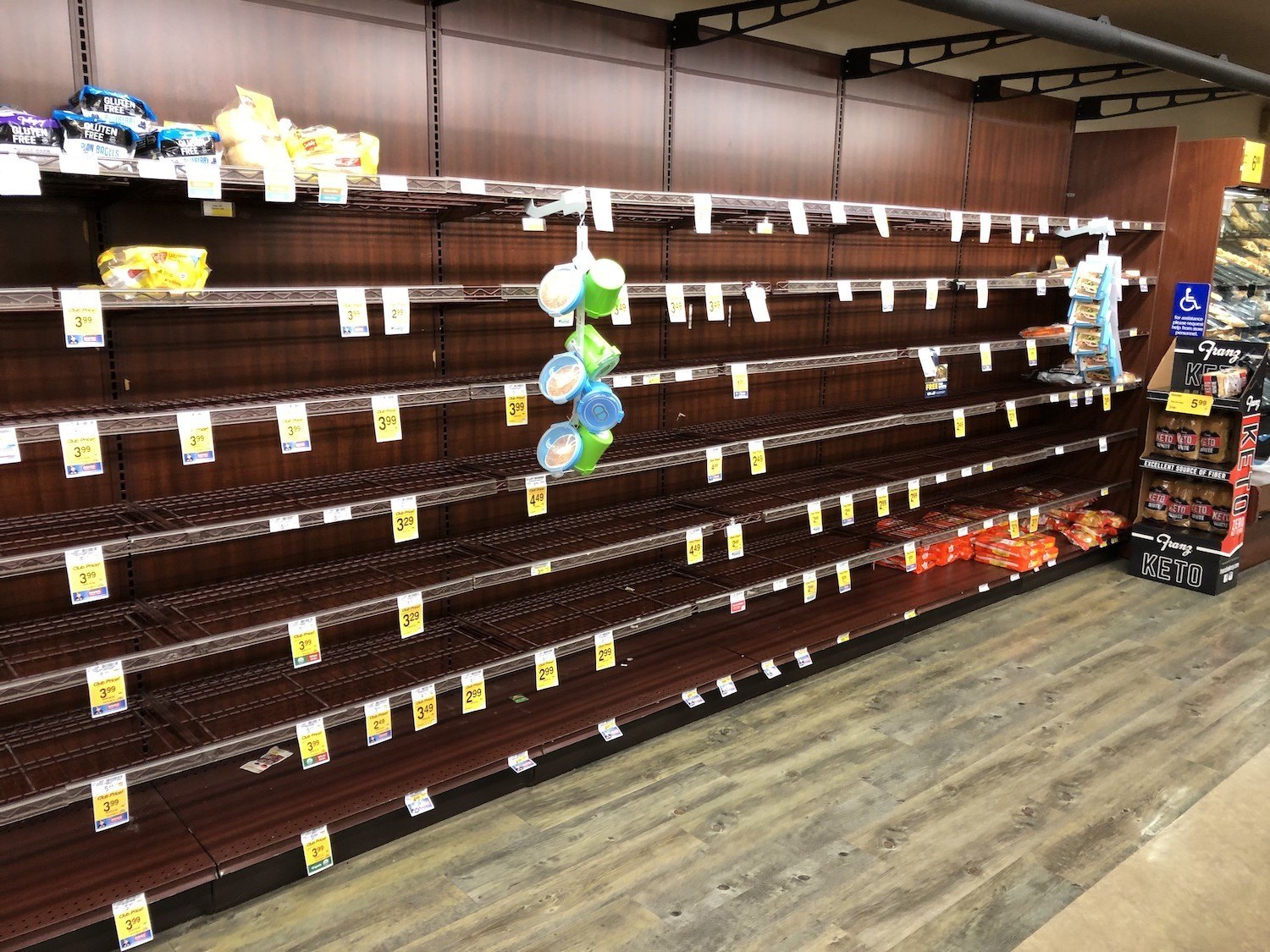 Empty grocery store shelves after the first few weeks of the Covid-19 pandemic. March 2021