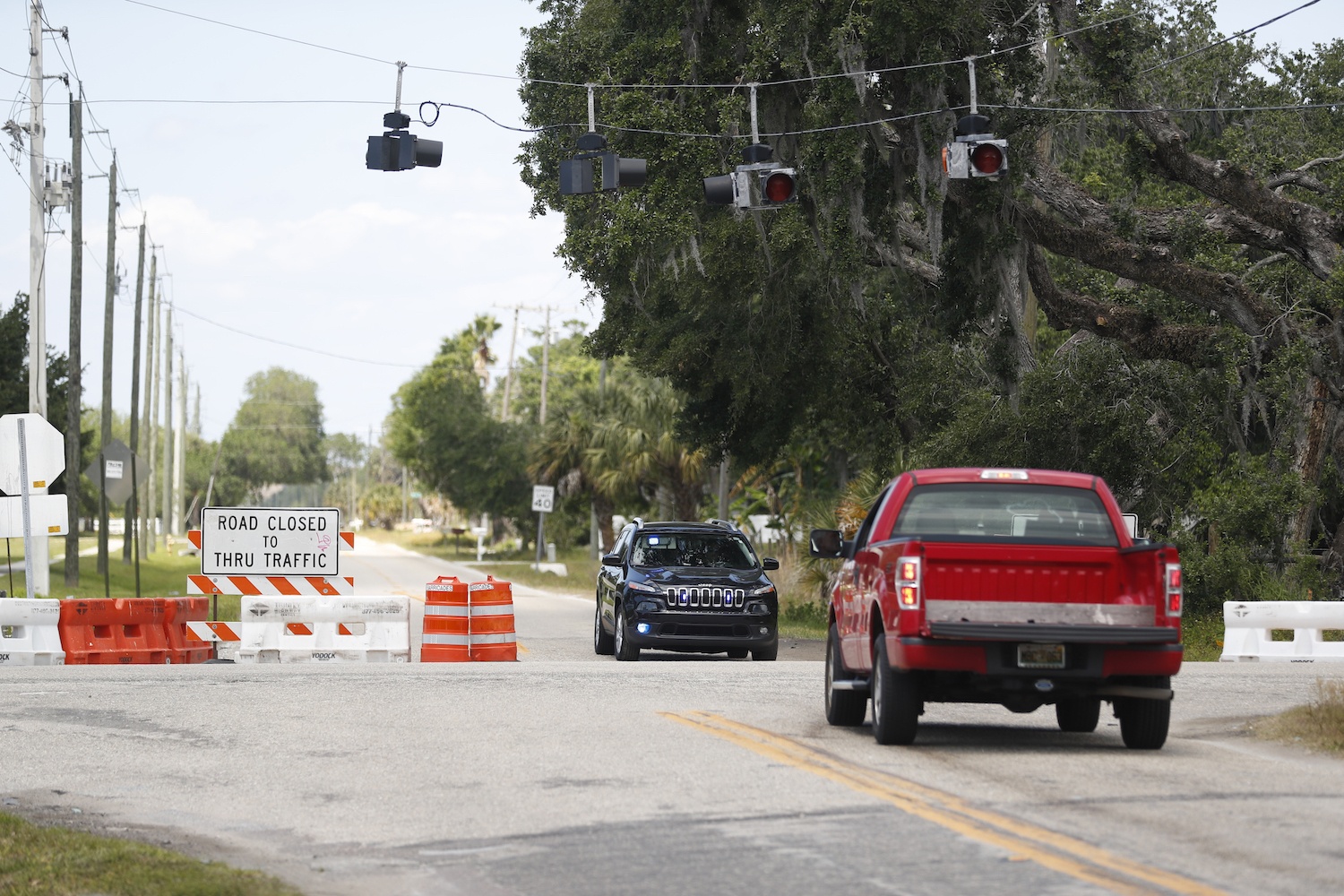 Road closures are seen at Moccasin Wallow Road due to a possible wastewater breach at the former Piney Point phosphate plant on April 5, 2021 in Gillette, Florida. An evacuation order had been issued, affecting more than 300 homes in the area.