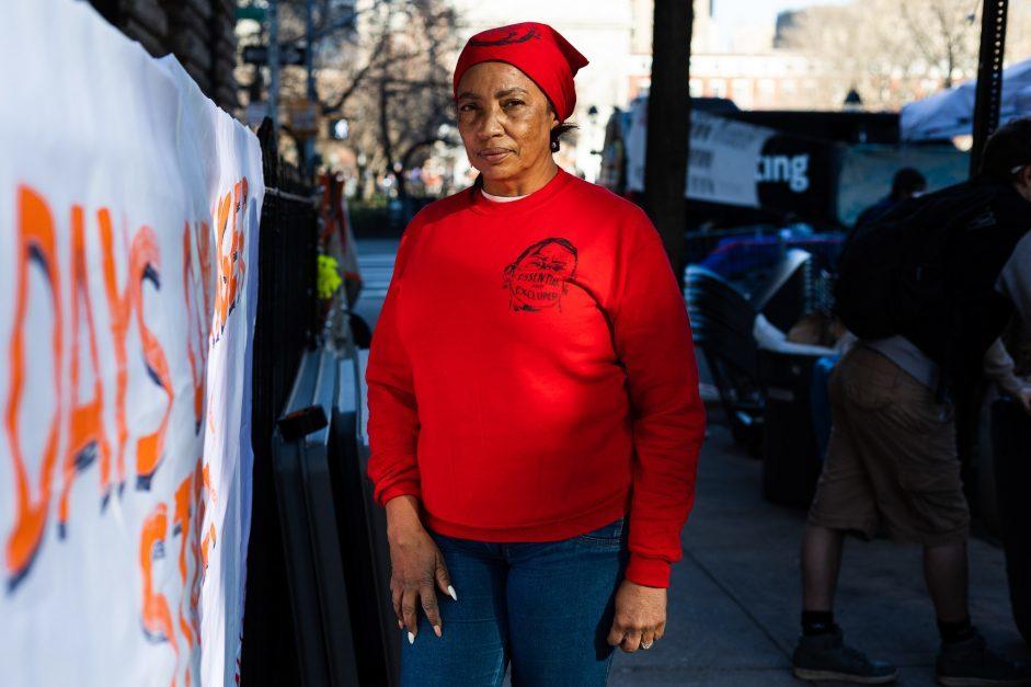 Santa Arias, 56, has been striking for 11 days to push for the state legislature to pass legislation that would create a fund for excluded workers during the pandemic. Arias, a cleaner, lost her job due to the pandemic and owes more than $15,000 in rent. March 2021