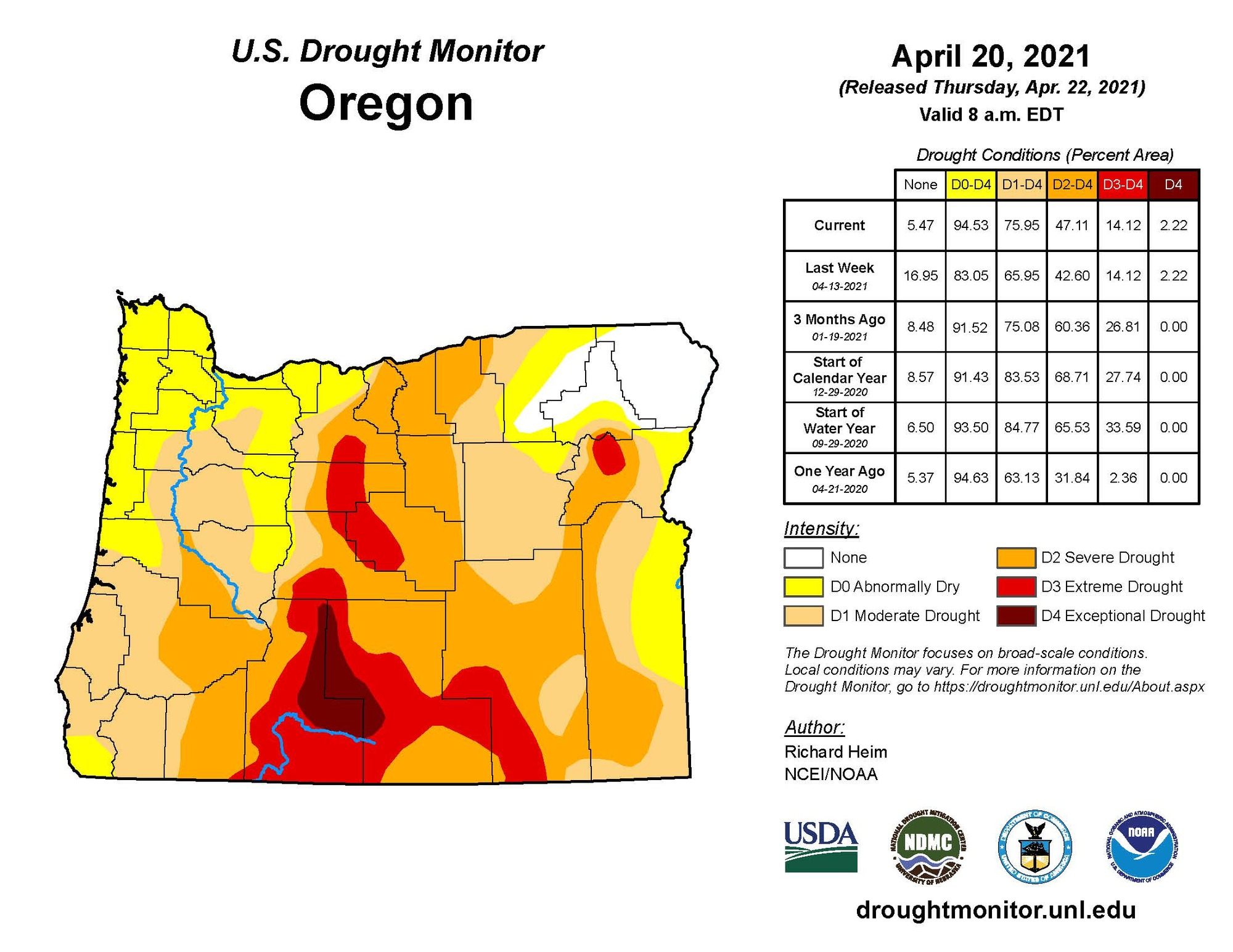 U.S. Drought Monitor map of Oregon with key and legend. April 2021