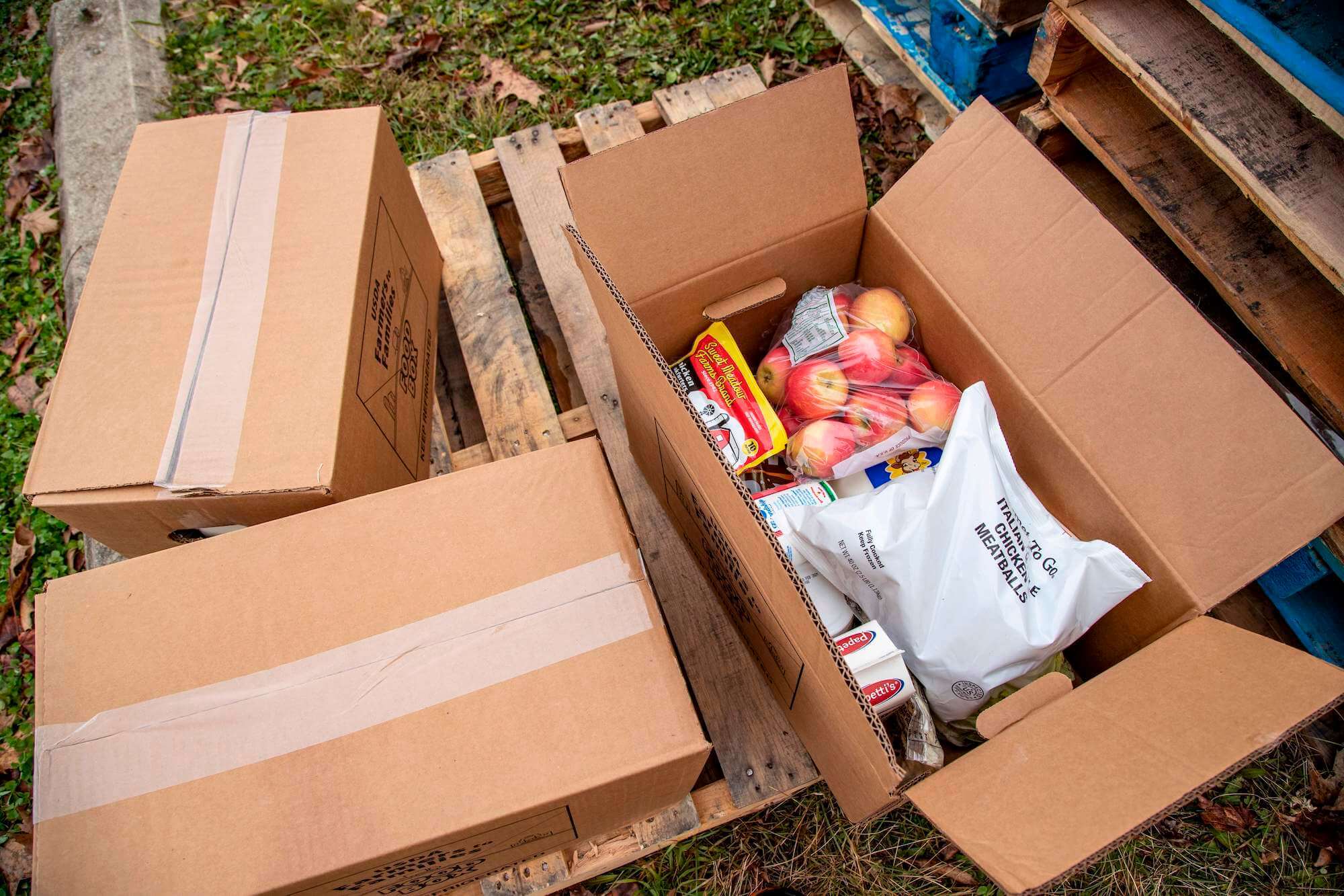 Contents of a USDA Farmers to Families food box includes apples meatballs, hotdogs, milk and other fresh items that need to be consumed in a timely manner in Athens, Ohio on December 19, 2020. - Thousands of food boxes were distributed to families from all over rural Appalachia who were able to drive to the fairgrounds, but most only were able to leave with one box of food for the week of Christmas. April 2021