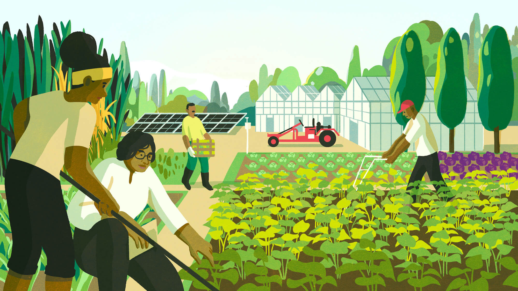 Illustration of regenerative agriculture, with solar-panels, diversified crops, greenhouses, and and Oggun tractor in the background (May 2021)