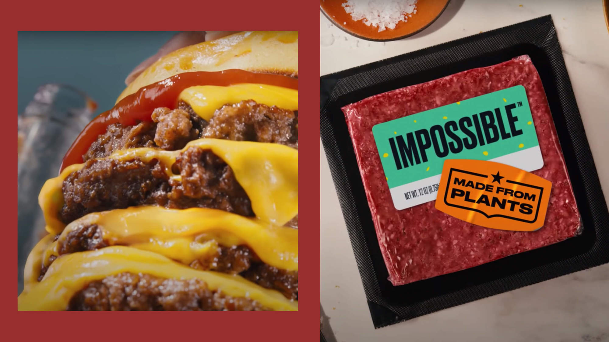 A stack of Impossible Burgers with cheese and ketchup side by side a package of Impossible Food made from plants. April 2021
