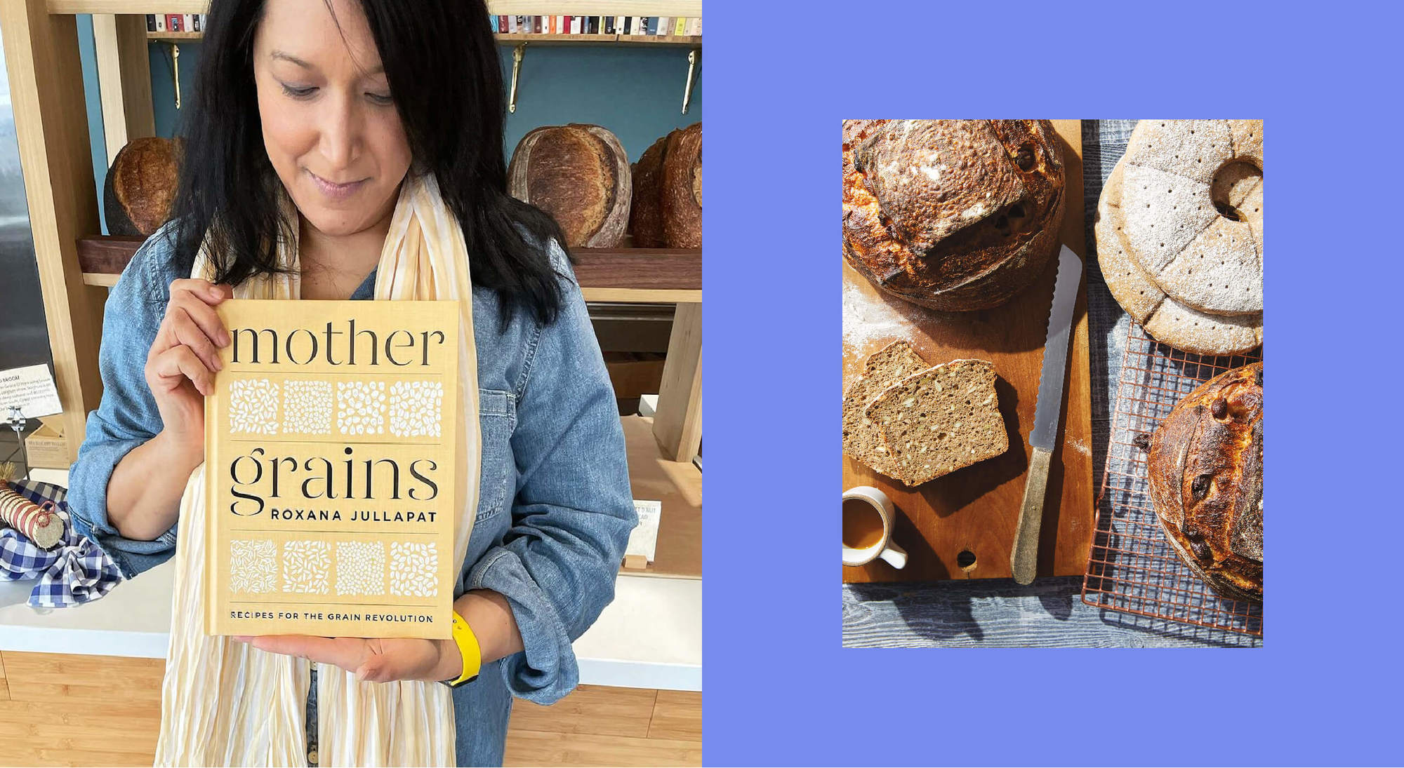 Roxana Jullapat, left, holds her new book, Mother Grains, side by side baked goods photographed for her book with a blue background. May 2021