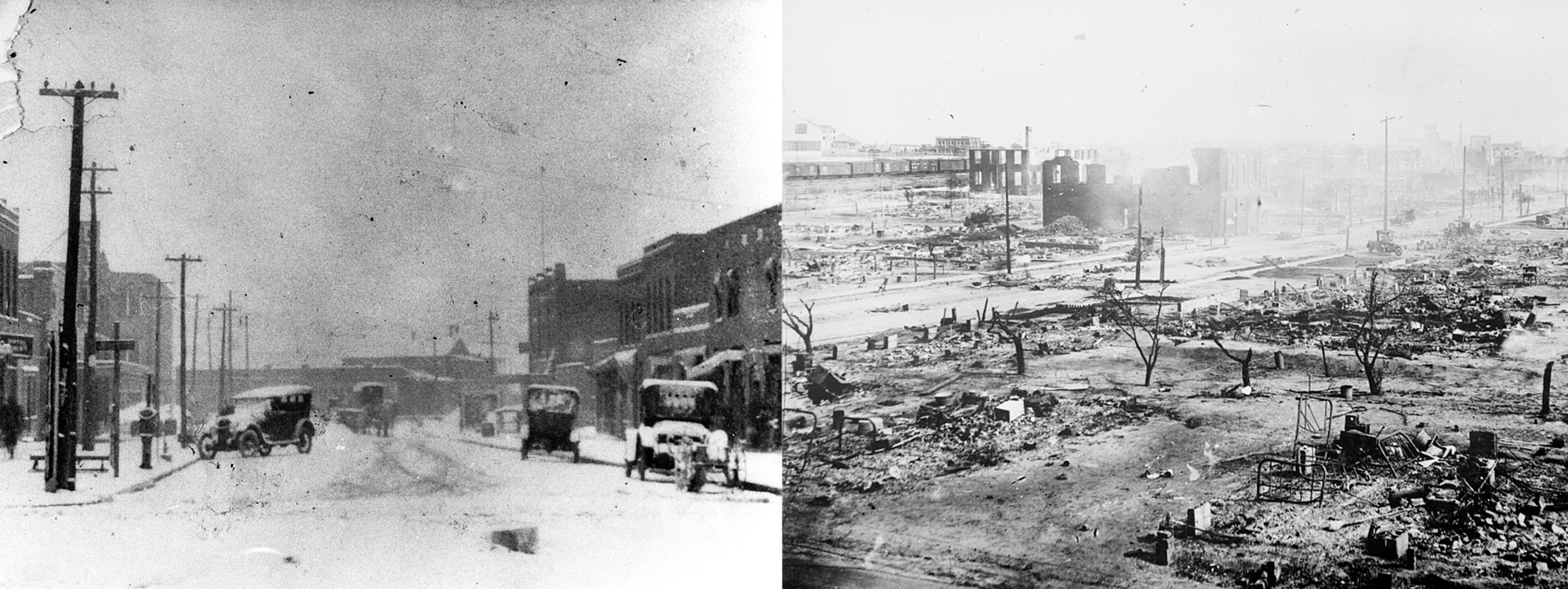 On the left, an image shows what the Greenwood district looked like before mobs of white men burned it to the ground on May 31 and June 1, 1921. On the right, an aerial view of the ruins after the Tulsa Race Massacre. May 2021