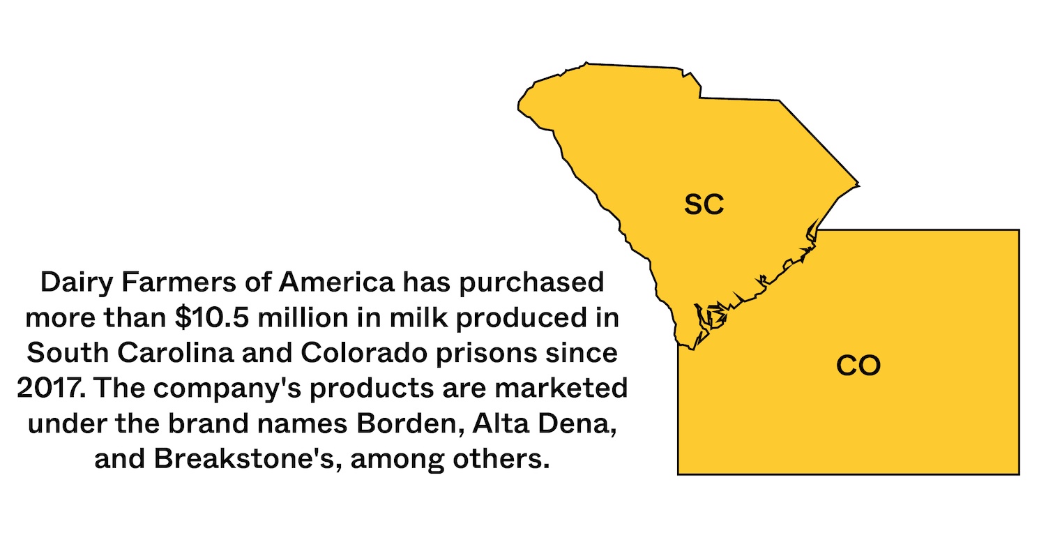 State of South Carolina and Colorado in yellow with a statistic about inmate made food. May 2021