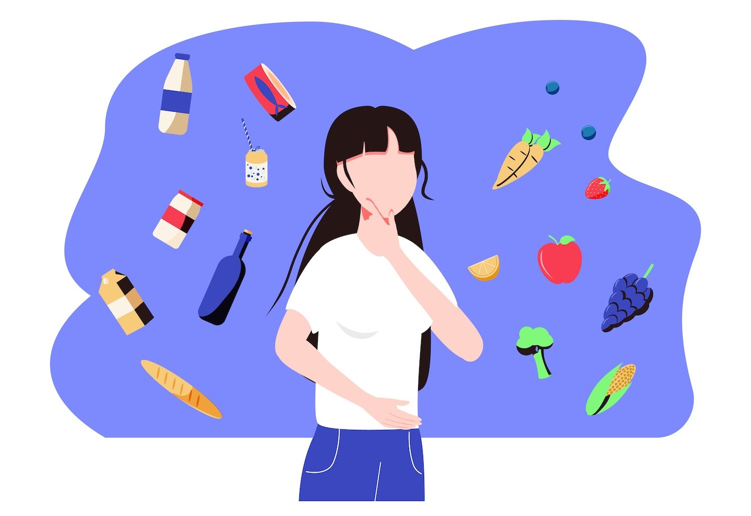 Woman choosing between healthy and unhealthy food. Character thinking over organic or junk snacks choice. Vector illustration for good vs bad diet, lifestyle, eating concepts. May 2021