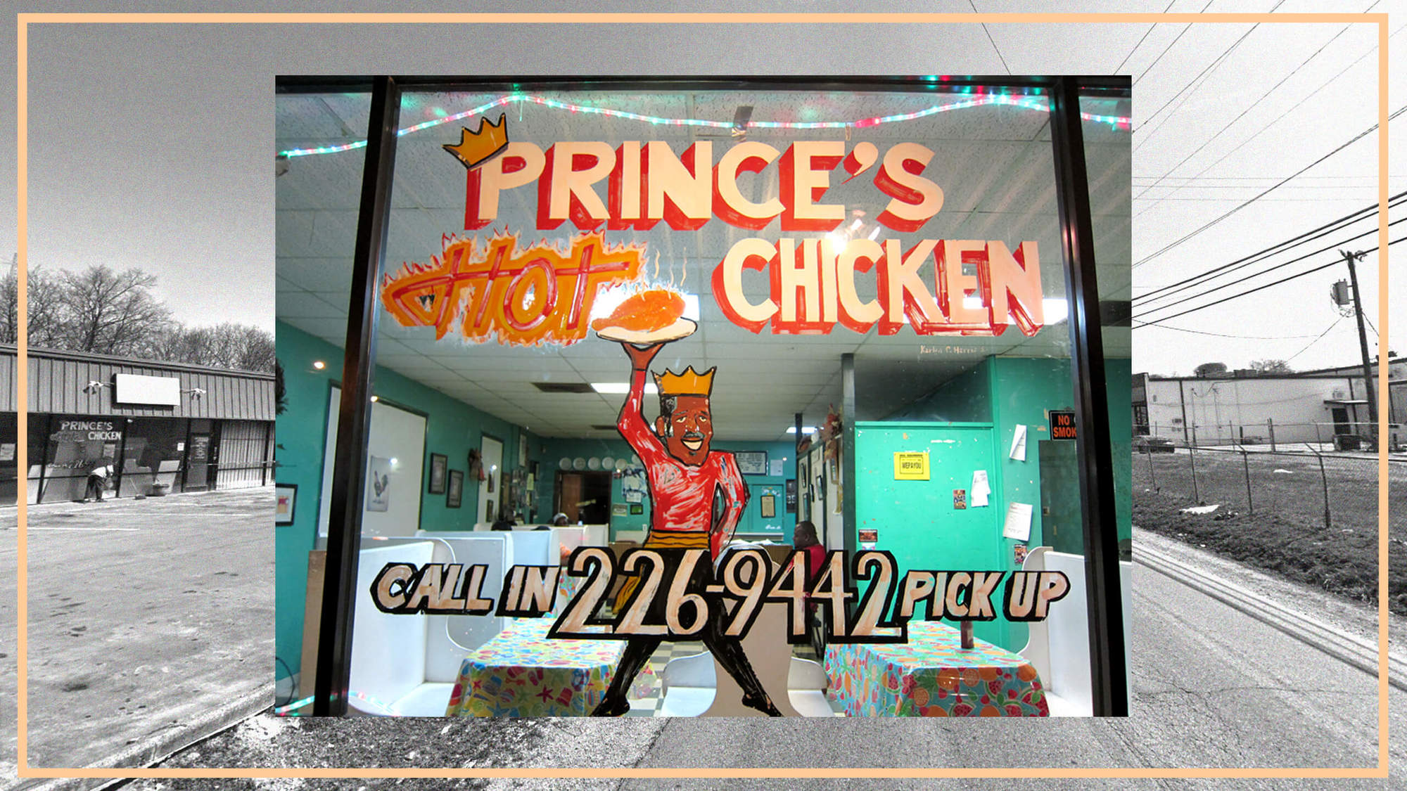 The logo of Prince's Hot Chicken in front of the old store in Nashville overlaid a current day photo of the street. May 2021