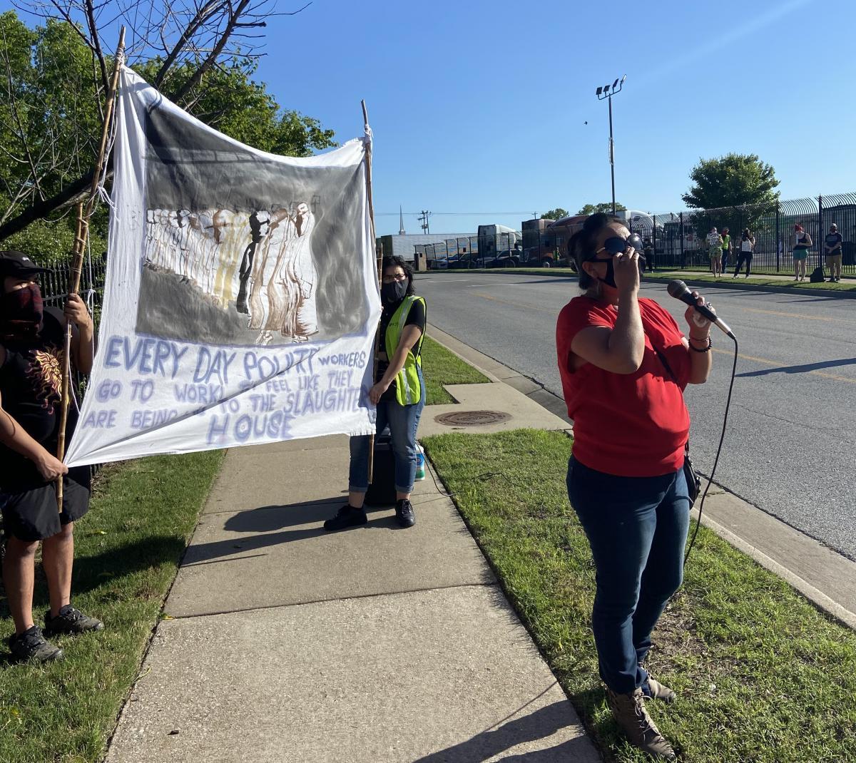Licolli leads a protest in front of Tyson's Berry Street plant in Springdale, Arkansas in the spring of 2020.
