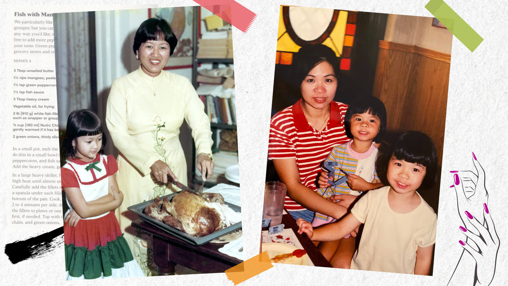 Lyn Nguyen with her mom Tung on Christmas, 1982 (left). Counter staffer Tricia Vuong (in pink) with her mom and sister, 2000 (right). June 2021