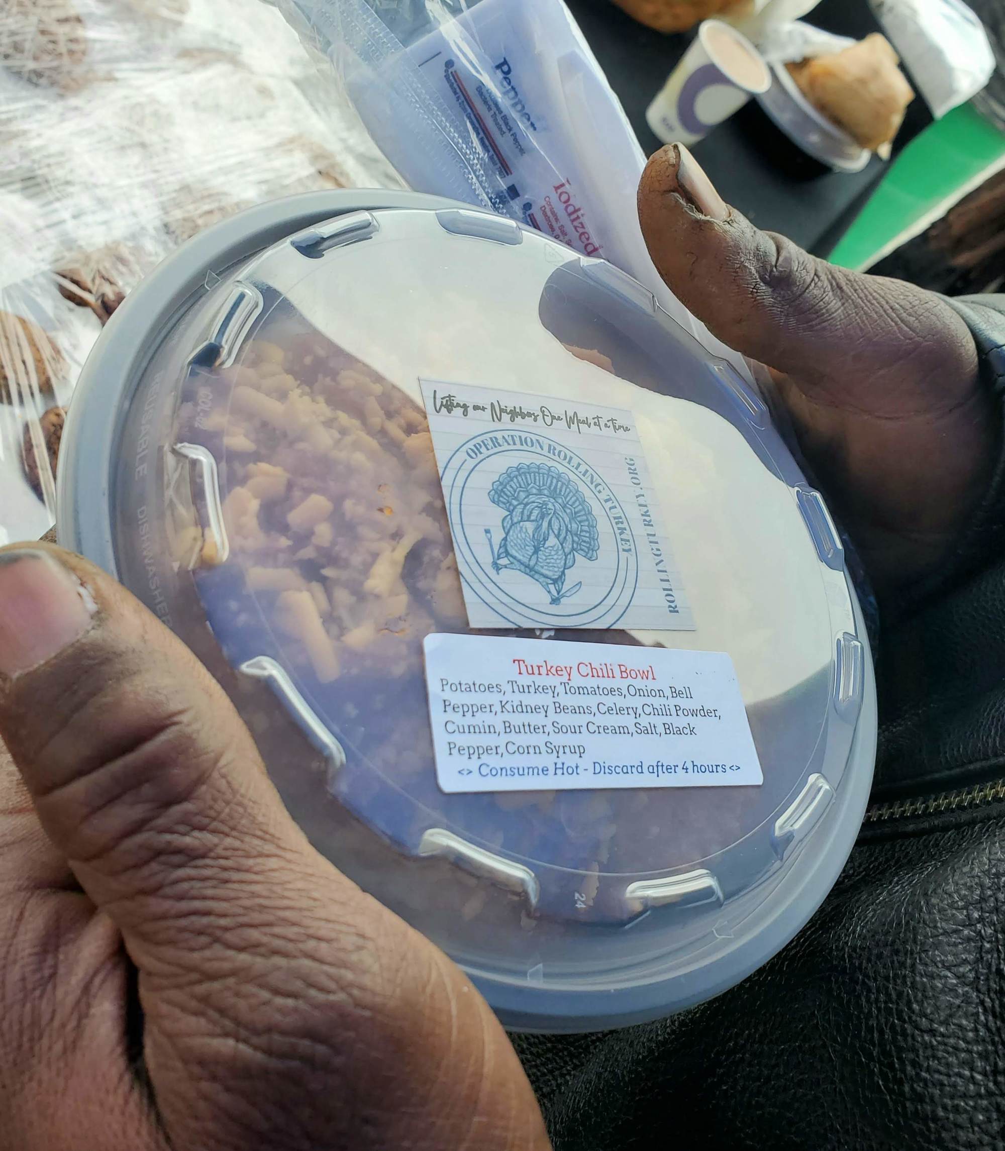 A turkey chili bowl from an Operation Rolling Turkey distribution. June 2021