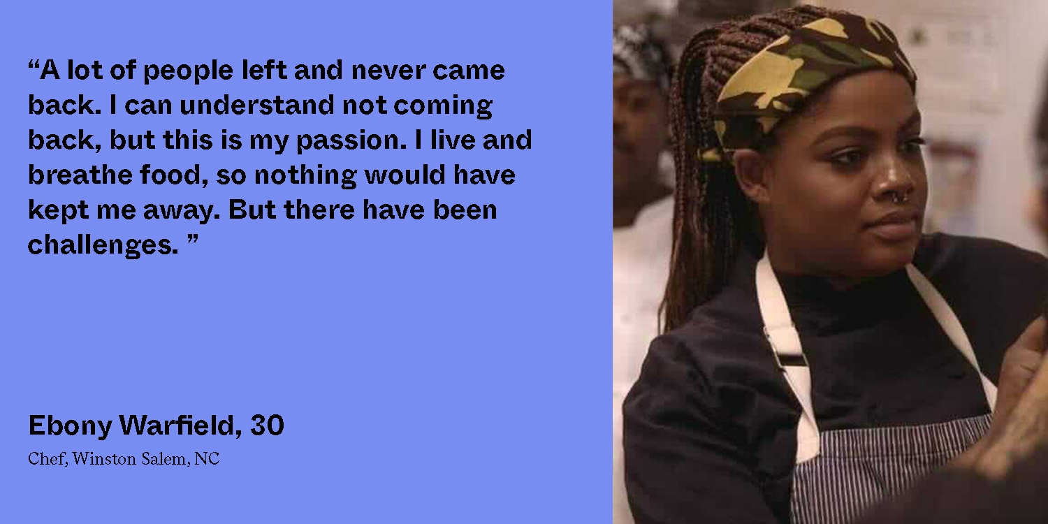 Picture of Ebony Warfield in chef's coat, apron, and bandana next to blue pull quote. July 2021