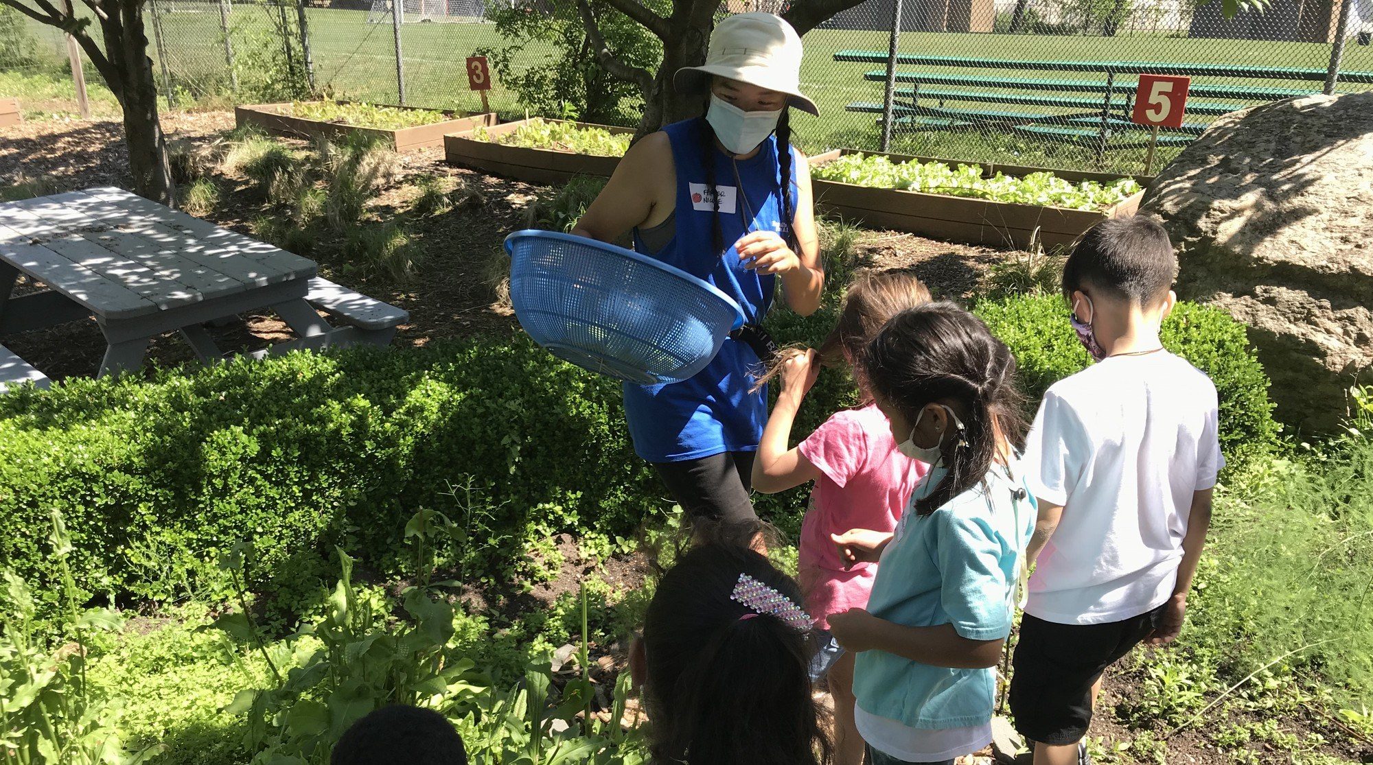Image of Nicole Yeo farming outdoors while teaching a group of children. July 2021.