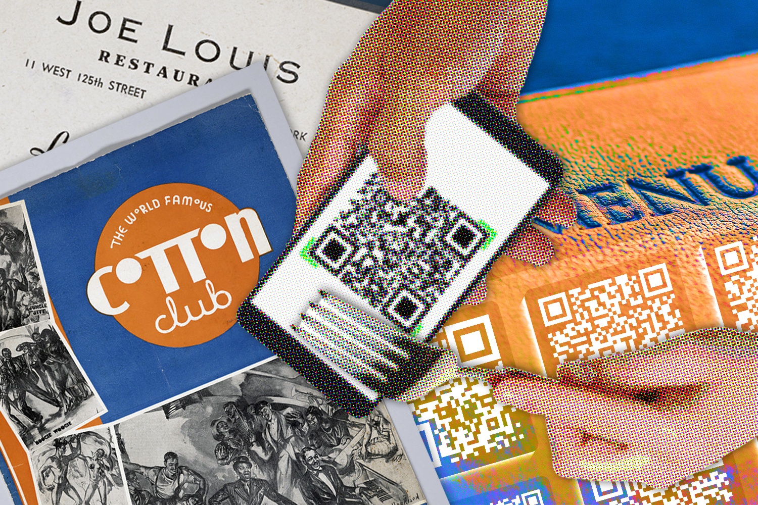 Hard copy menus of The Cotton Club and Joe Louis with graphic of hands holding mobile phone over qr codes. July 2021