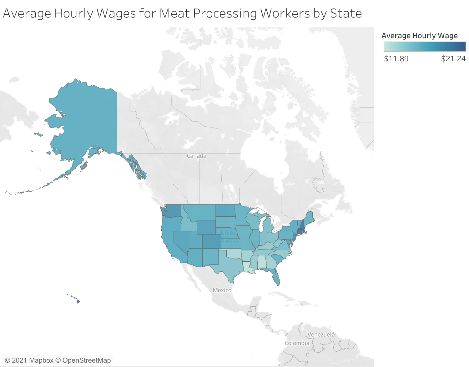 A map displaying the average hourly wages for meat processing workers. July 2021