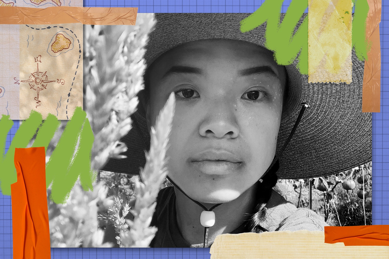 Black and white selfie of Nicole Yeo in a sun hat surrounded by a collage of green scribbles, a compass on a map, brown, cream, and orange tape. July 2021