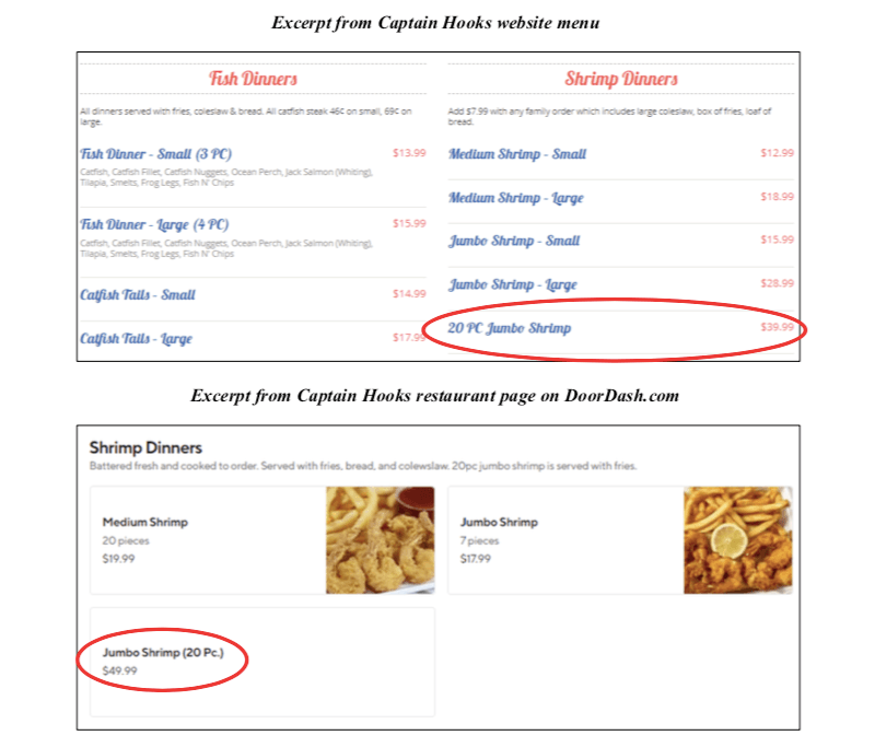A screenshot of the price disparity between Captain Hooks' website menu and DoorDash menu.