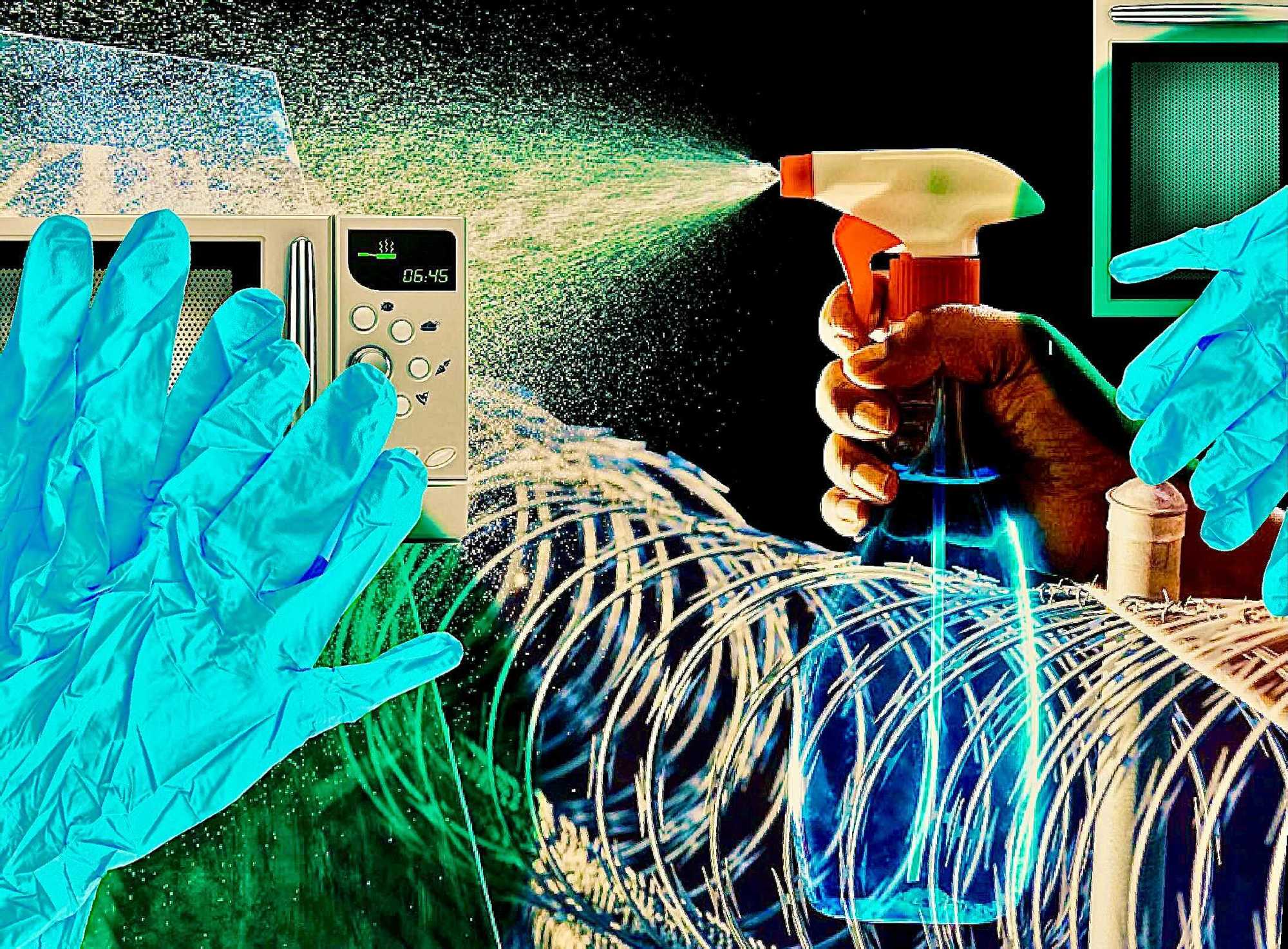 Collage of a hand holding spray bottle with microwave and wire fencing. August 2021