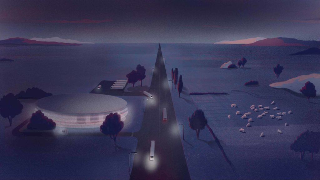 A view looking down on a road dividing a round cultured meat facility on the left and cows graze. Dark blues and red fill the sky. September 2021
