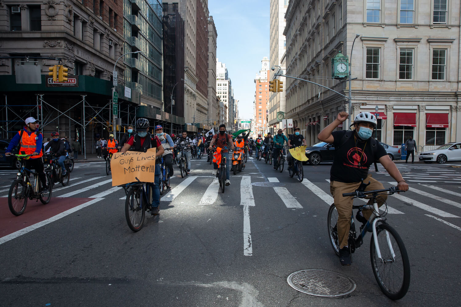 Delivery cyclists rode down Broadway in October 2020 to protest a lack of protection during the coronavirus pandemic. September 2021