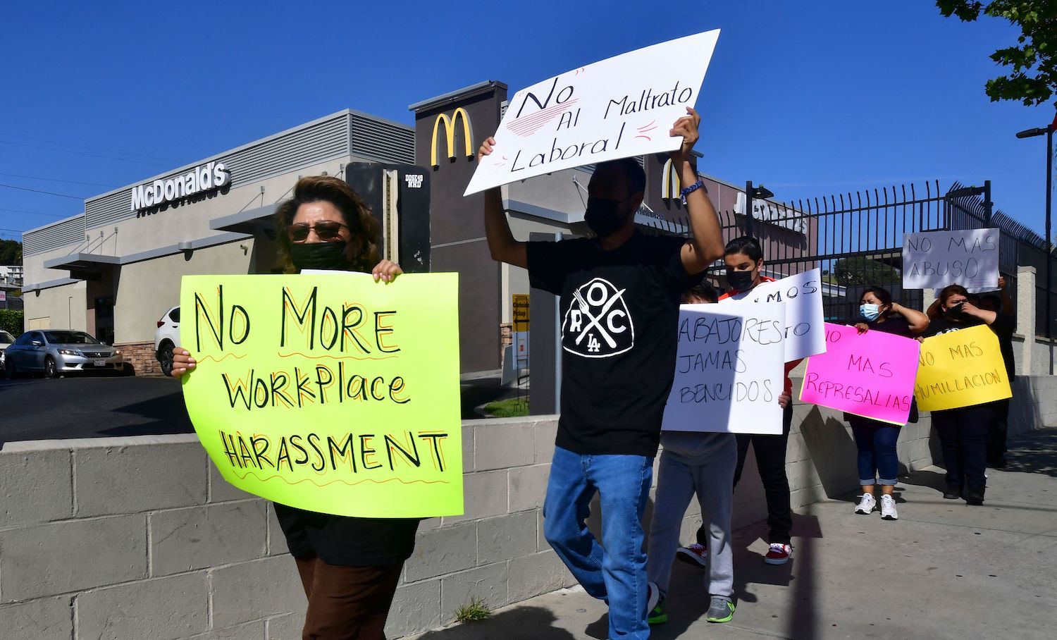 McDonald's employees protest outside their workplace on April 9, 2021 in Los Angeles, to demand an end to what they consider workplace harassment, discrimination and retaliation, despite numerous attempts to reach a resolution with the franchise owners. September 2021
