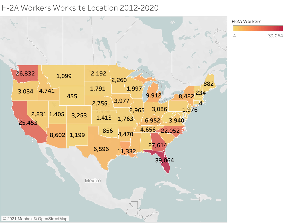 A map of the United States of H-2A Workers Worksite Location 2012-2020.