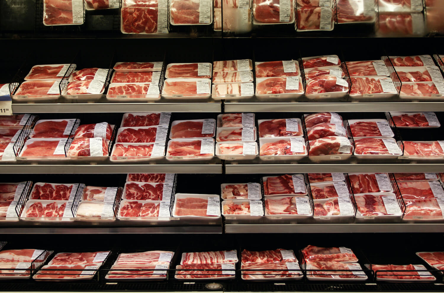 A grocery store shelf with refrigerated beef. September 2021