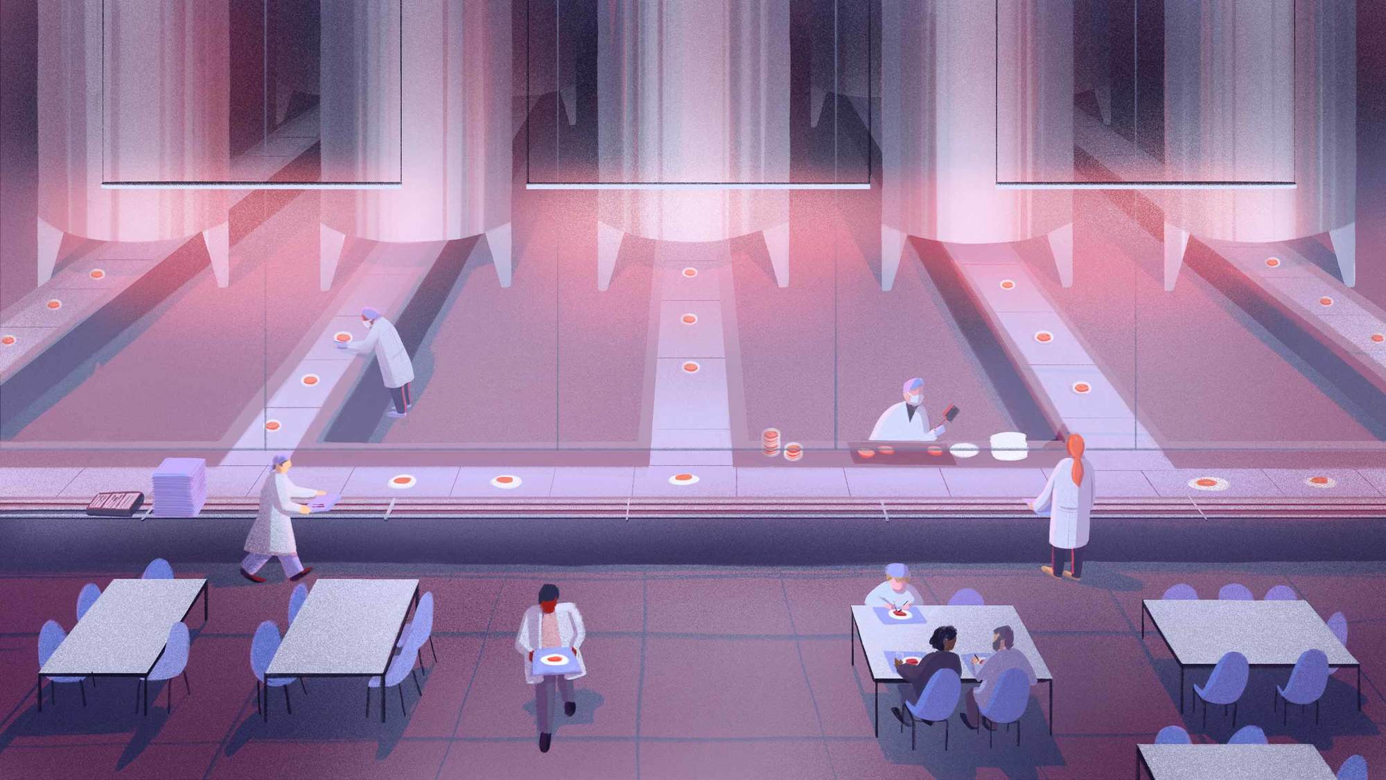 An aerial view of bioreactors producing meat on a convey belt while people sit in the foreground in a cafeteria eating the meat. September 2021