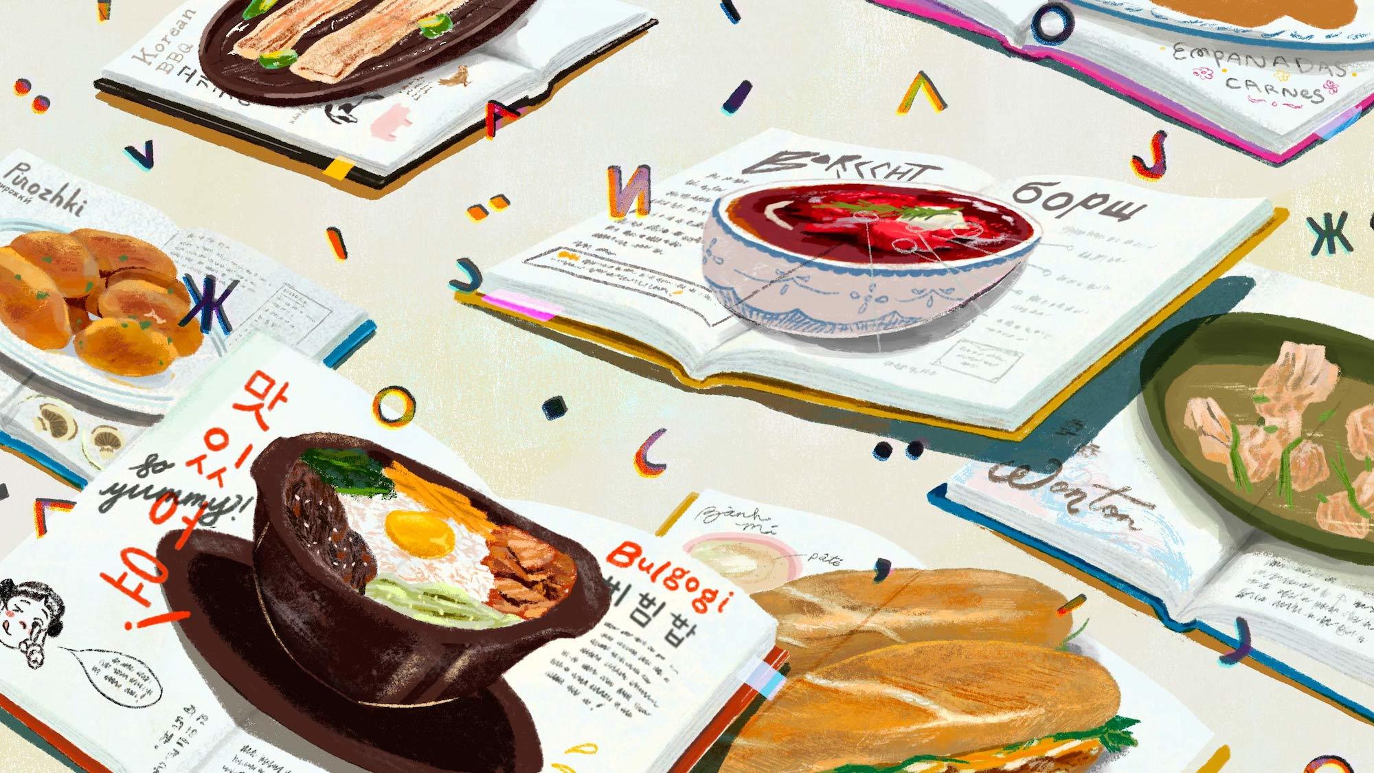 An illustration of various cookbooks with international diacritics, recipes, and dishes. September 2021