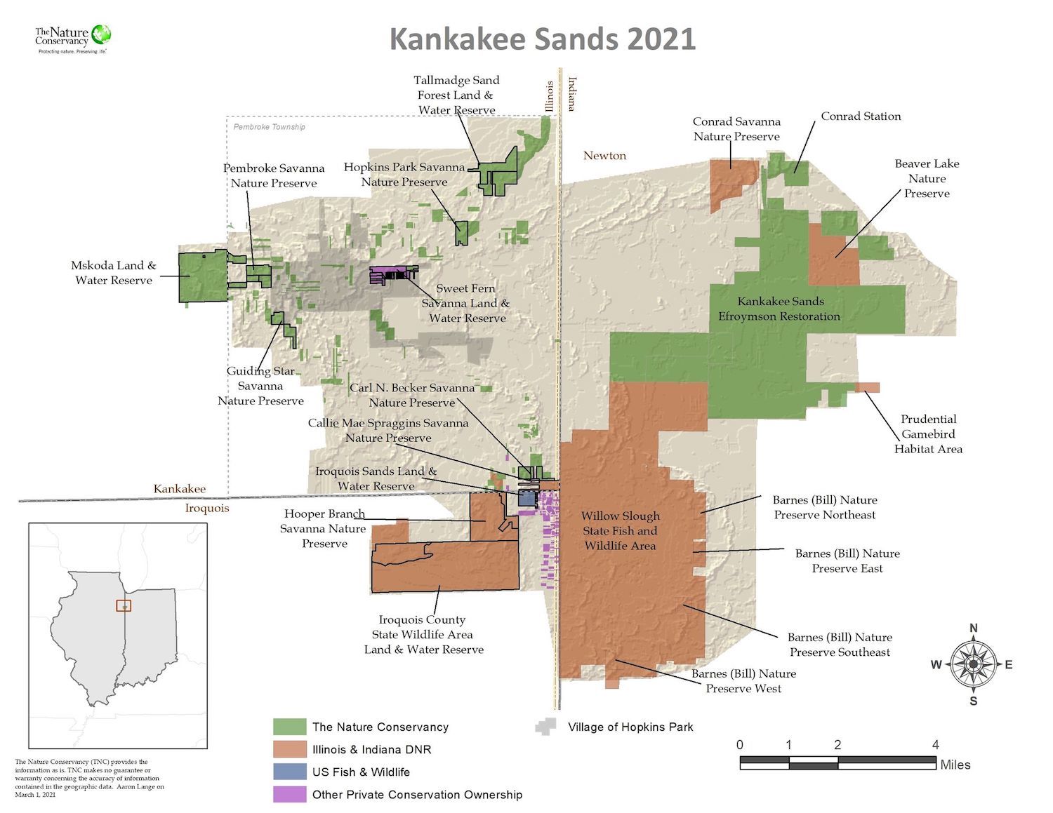 A map of lands owned by conservation entities in Pembroke Township and surrounding areas. The regional conservation project has been called the Kankakee Sands by The Nature Conservancy. (Tallmadge Sand Forest’s name has been changed and the reserve has been expanded since the production of this map.) October 2021
