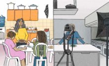 Feature illustration for commentary on the refugee cookbook. A split screen shows 3 refugee women sitting around a table in a colorful kitchen sharing a meal and drinks. On the right, a white woman stands at a counter in a commercial kitchen behind a camera in a recipe test kitchen. October 2021