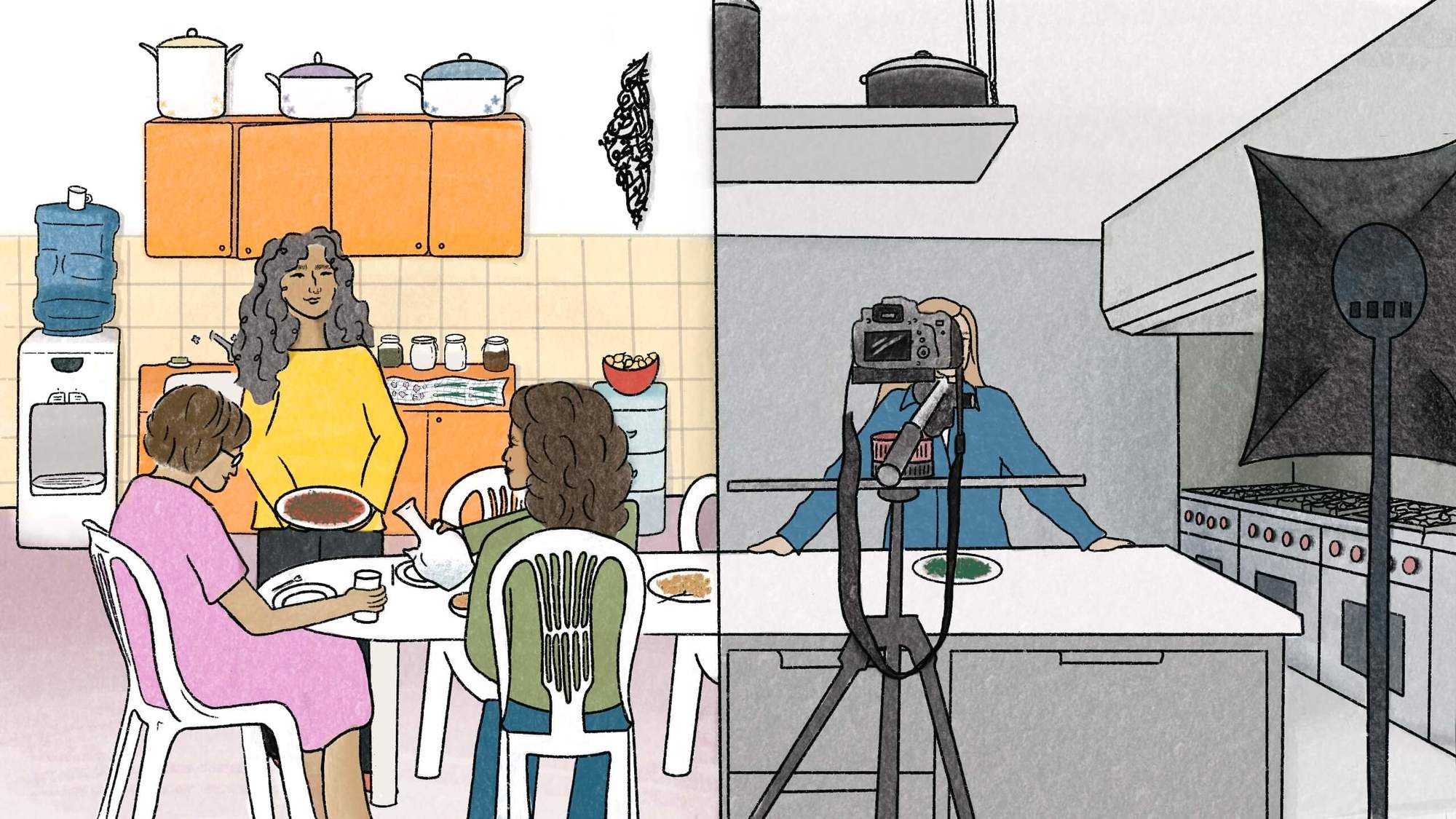 Feature illustration for commentary on the refugee cookbook. A split screen shows 3 refugee women sitting around a table in a colorful kitchen sharing a meal and drinks. On the right, a white woman stands at a counter in a commercial kitchen behind a camera in a recipe test kitchen. October 2021