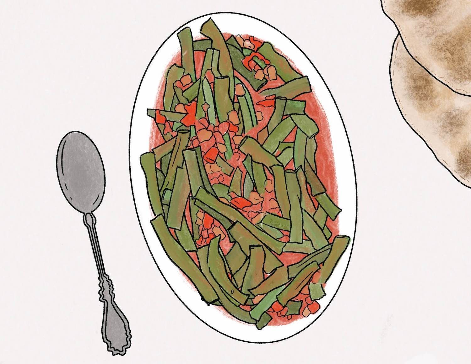 Lubiya bi-bandora dish illustrated with a spoon and bread on the side. Green beans and tomatoes. October 2021