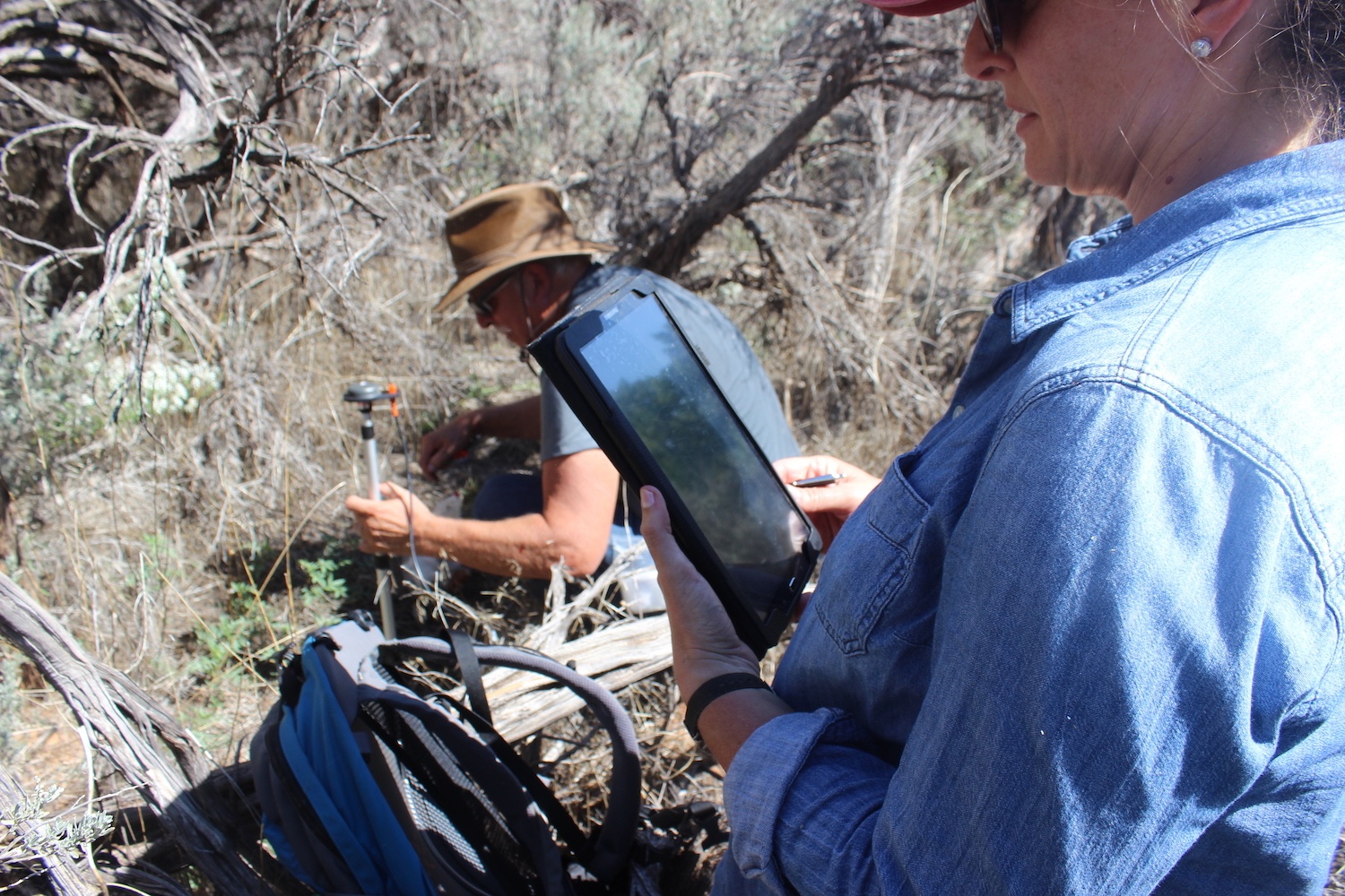 Lisbeth Louderback and Bruce Pavlick measure GPS coordinates of a Four Corners potato plant in an area near Bears Ears National Monument they call the 