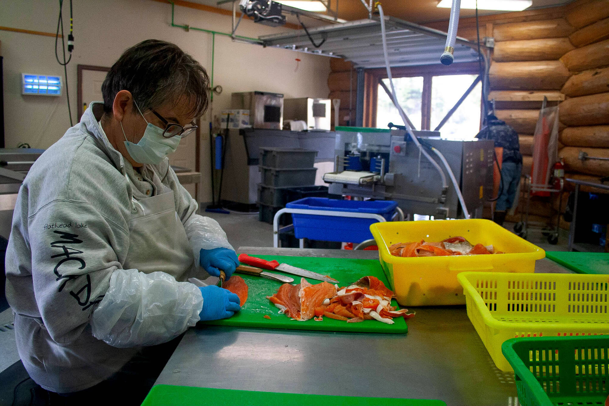 Cindy Bras-Benson, a member of the Confederated Salish and Kootenai Tribes (CSKT) lives near Flathead Lake in Montana. Here she is seen processing lake trout in the facility. November 2021