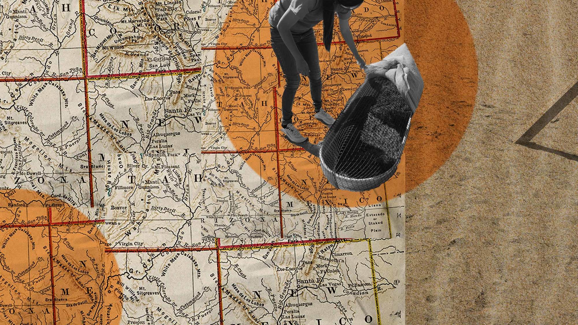 Women working over raised potato bed with orange circle around her and maps and sand texture behind her November 2021.