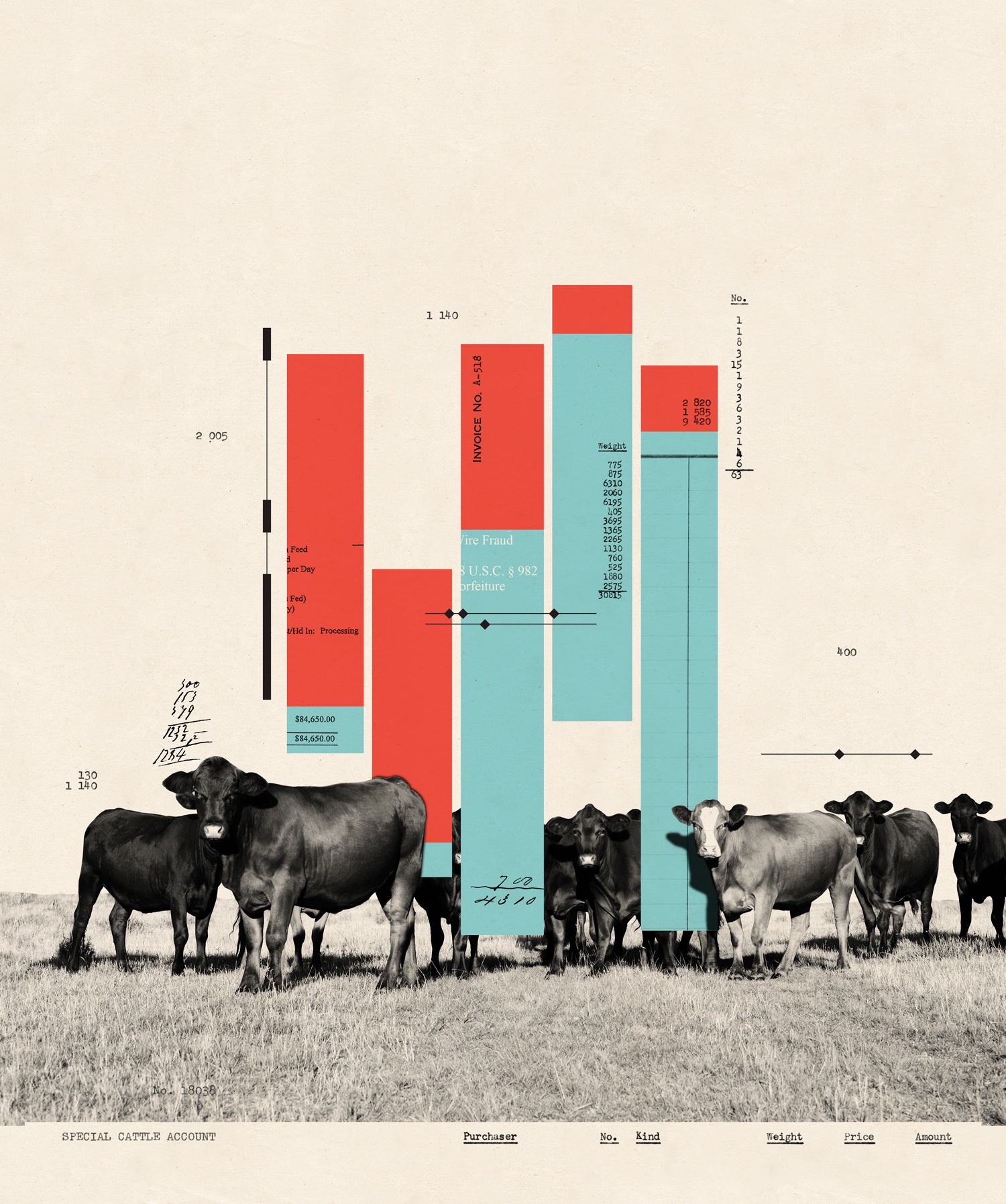 Cows grazing in pasture with red and green bars and random lines and numbers illo December 2021.