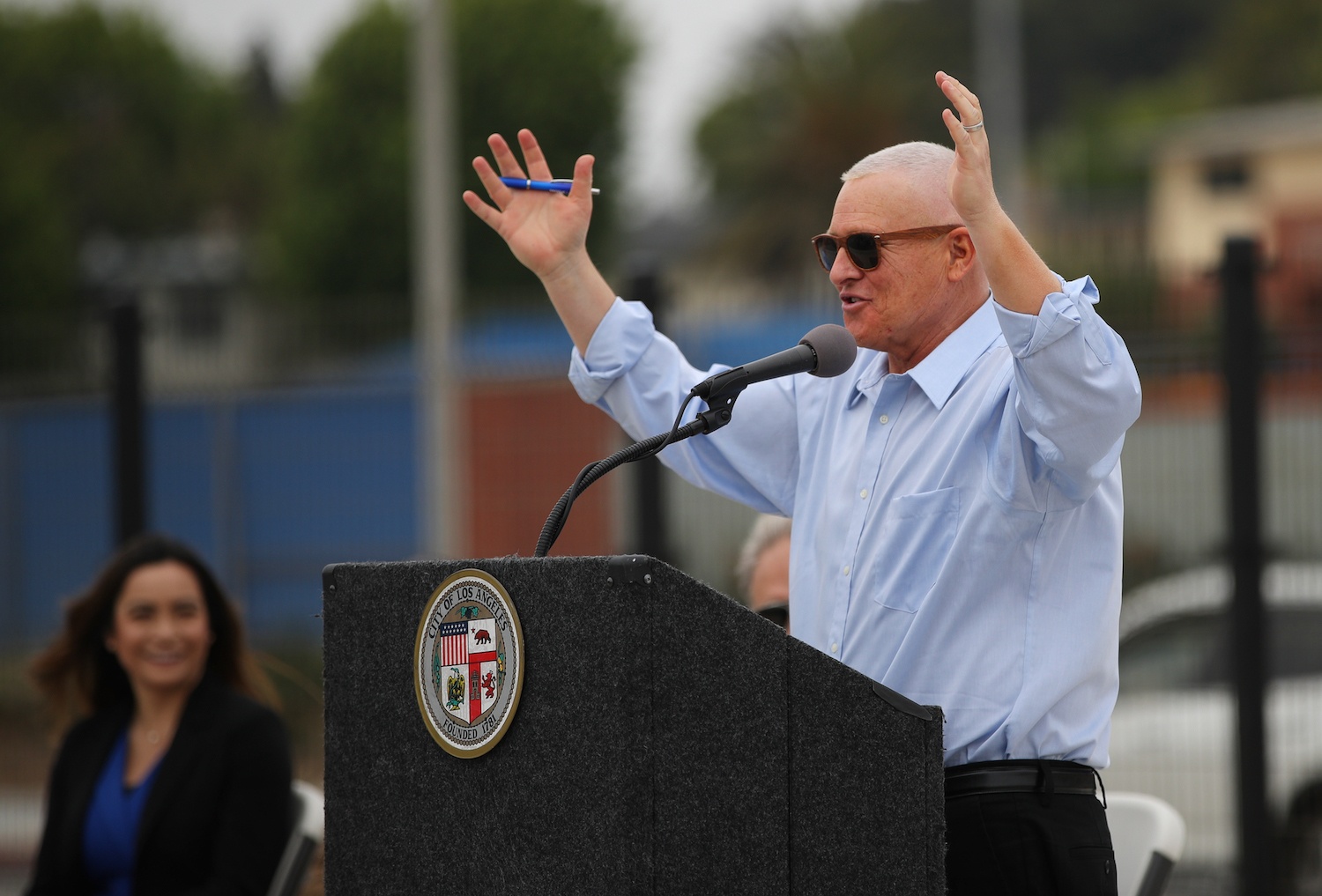 Los Angeles City Councilman Mike Bonin speaks during the opening ceremony for Argo Drain Sub-Basin Facility Project on June 17, 2021 in Playa Del Rey, California.