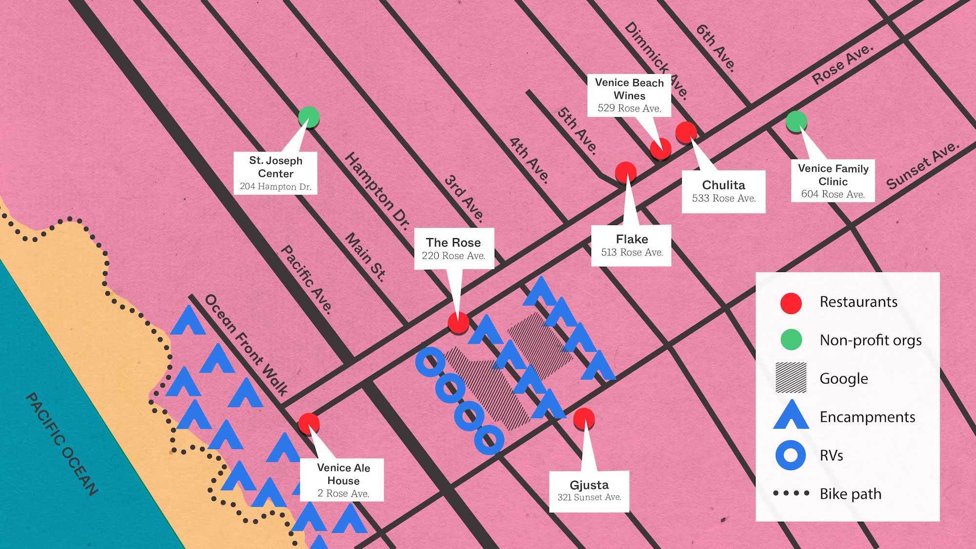 A map of Venice illustrating the various businesses on Rose Ave. December 2021