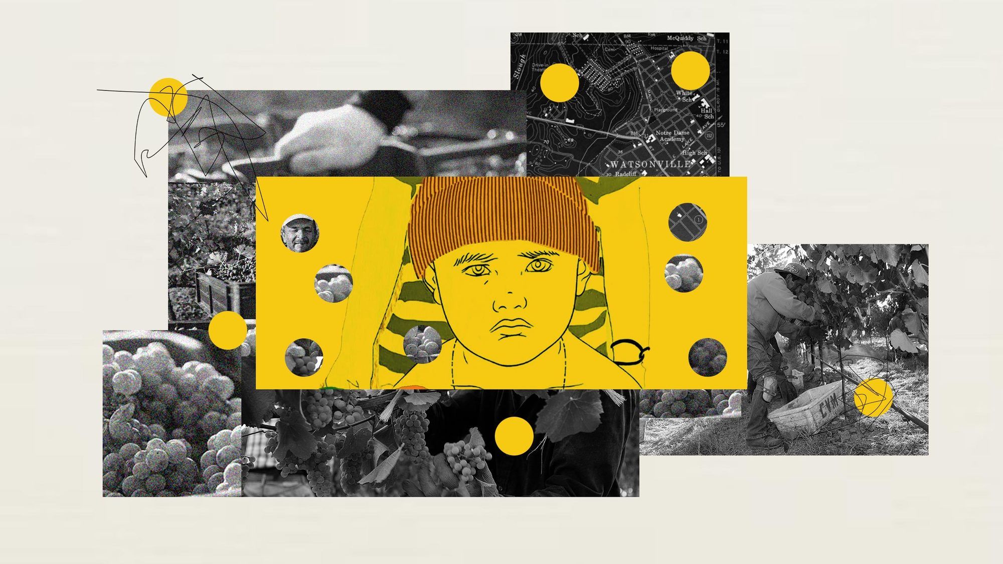 Orange rectangle with child's face illustrated with cut out holes and black and white photos of grapes in background with orange dots December 2021.