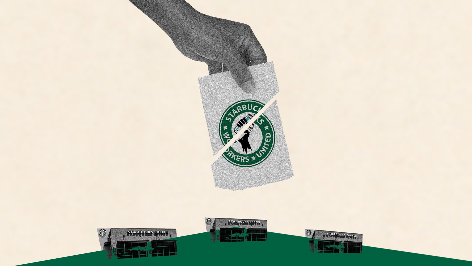 A hand holds a ballot with starbucks union logo over three 3 small starbucks December 2021.